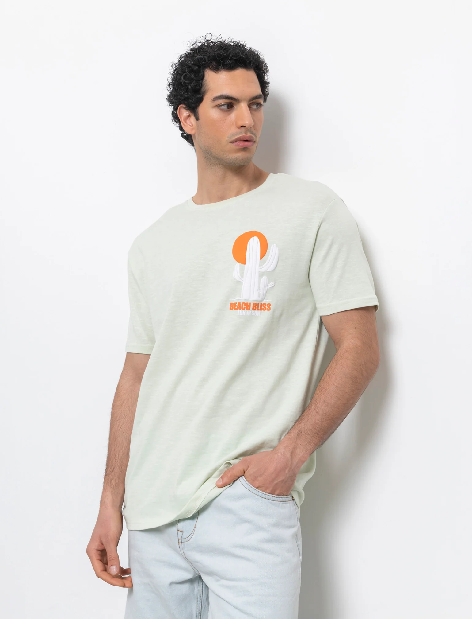 T-shirt effetto maglina con stampa puffy da uomo - Verde