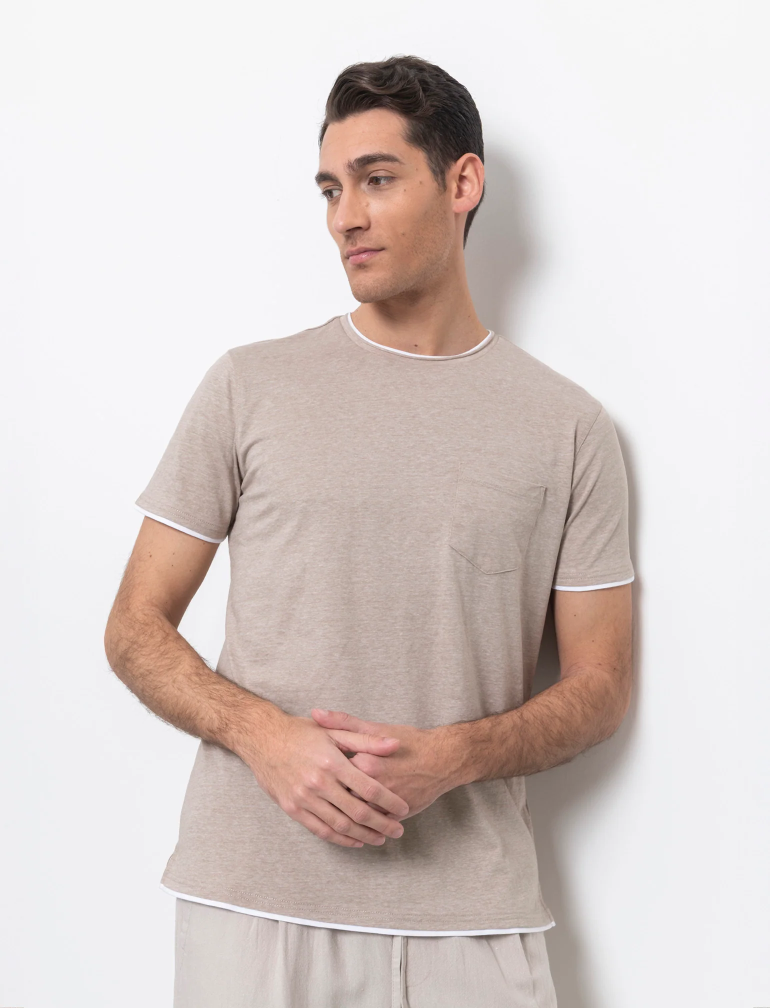 T-shirt effetto melange con tasca da uomo - Beige - Image 3
