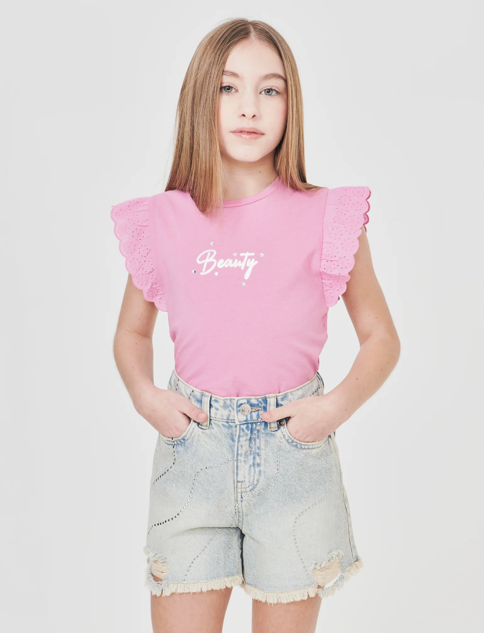T-shirt estiva bambina con volant e strass - Rosa candy