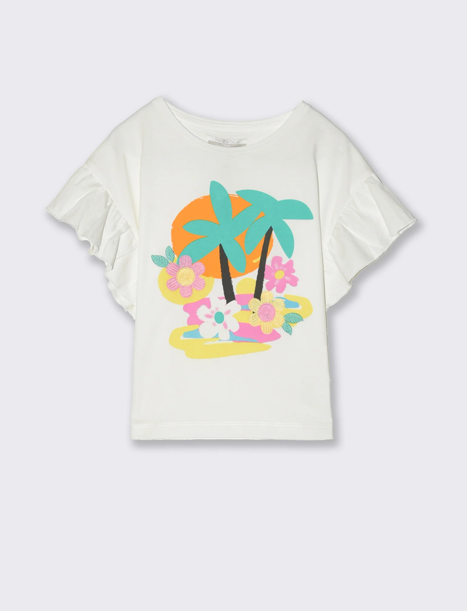 T-shirt estiva con stampa e ricamo da bambina - Bianco - Image 2