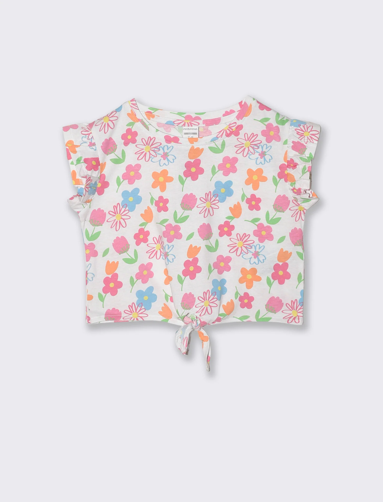 T-shirt estiva in cotone con nodo e manica aletta - Bianco
