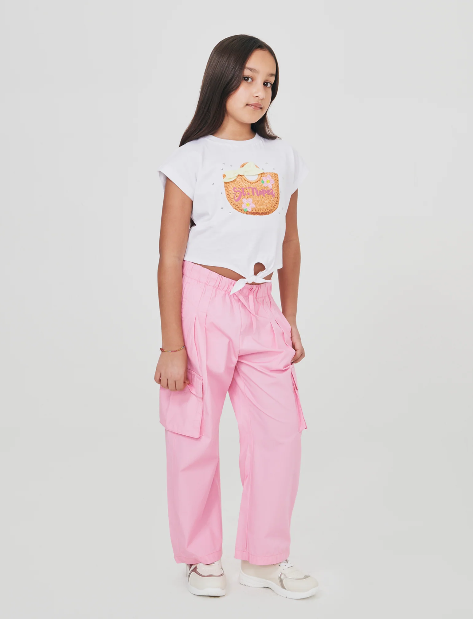 T-shirt estiva in cotone con nodo e strass - Bianco - Image 2