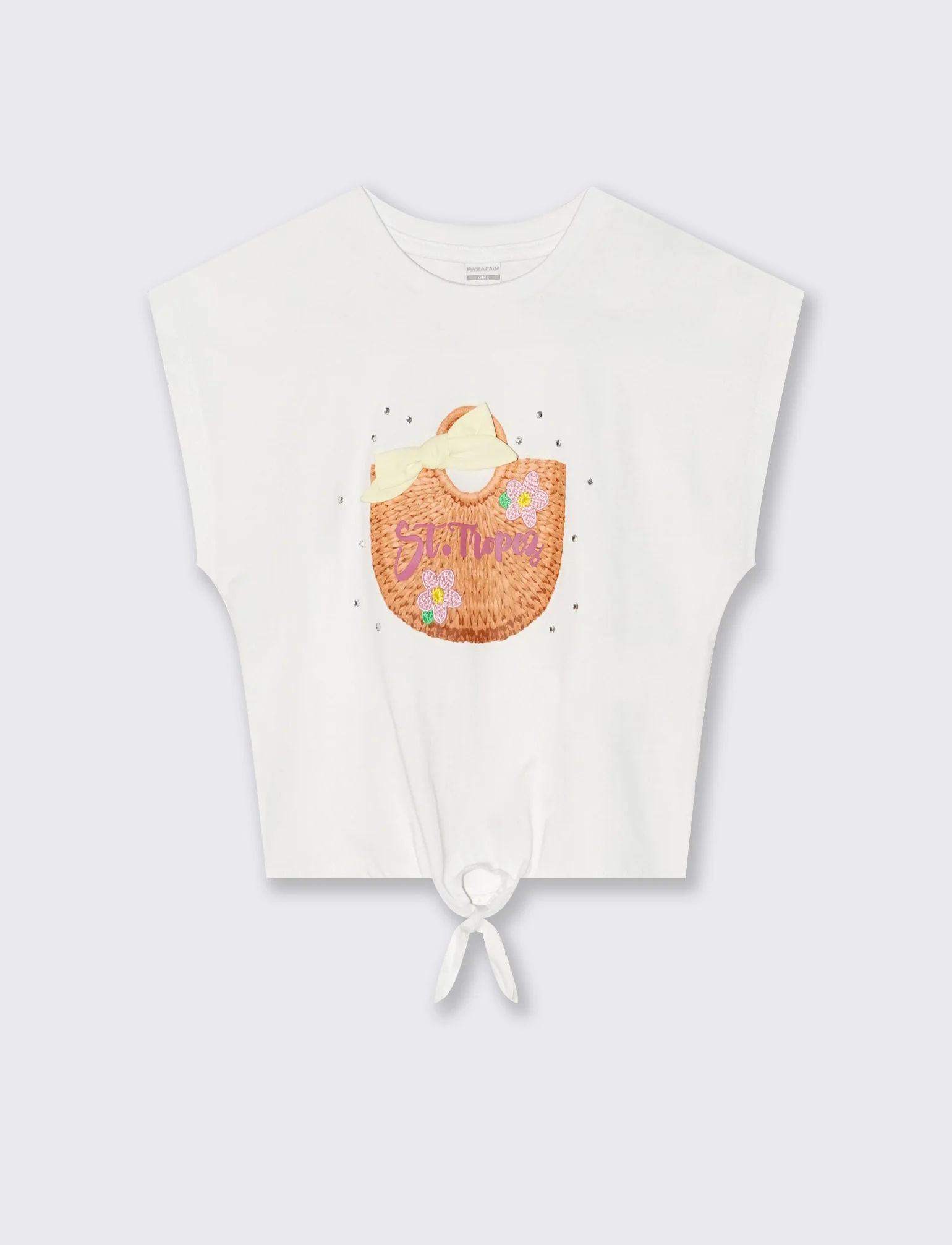 T-shirt estiva in cotone con nodo e strass - Bianco - Image 3