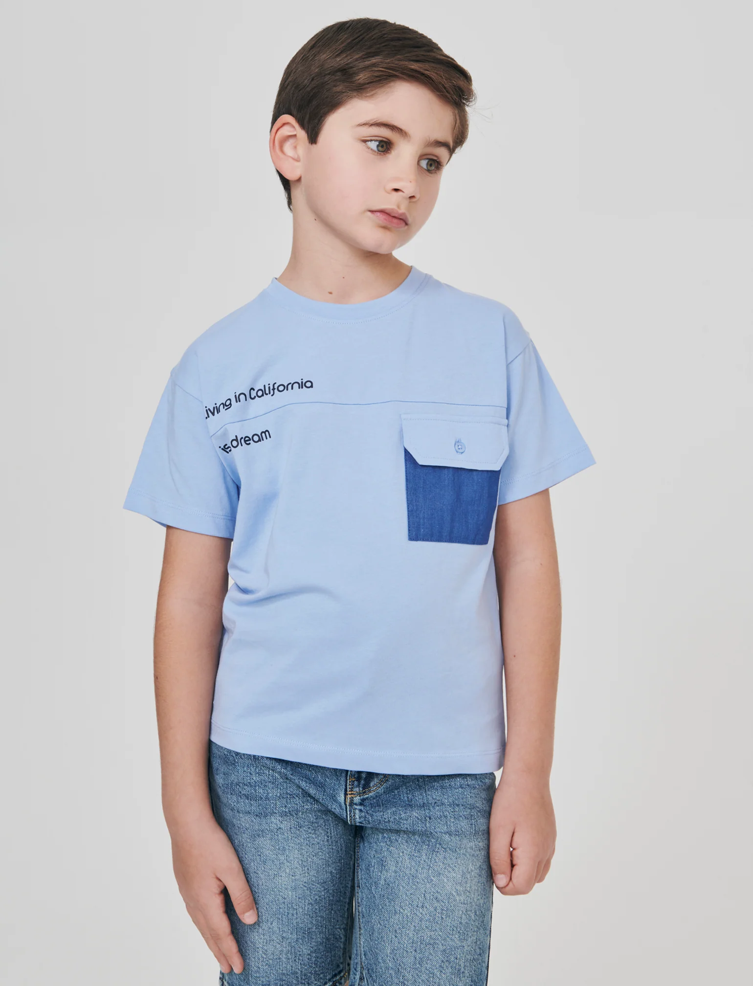 T-shirt giro collo con tasca in chambray - Azzurro