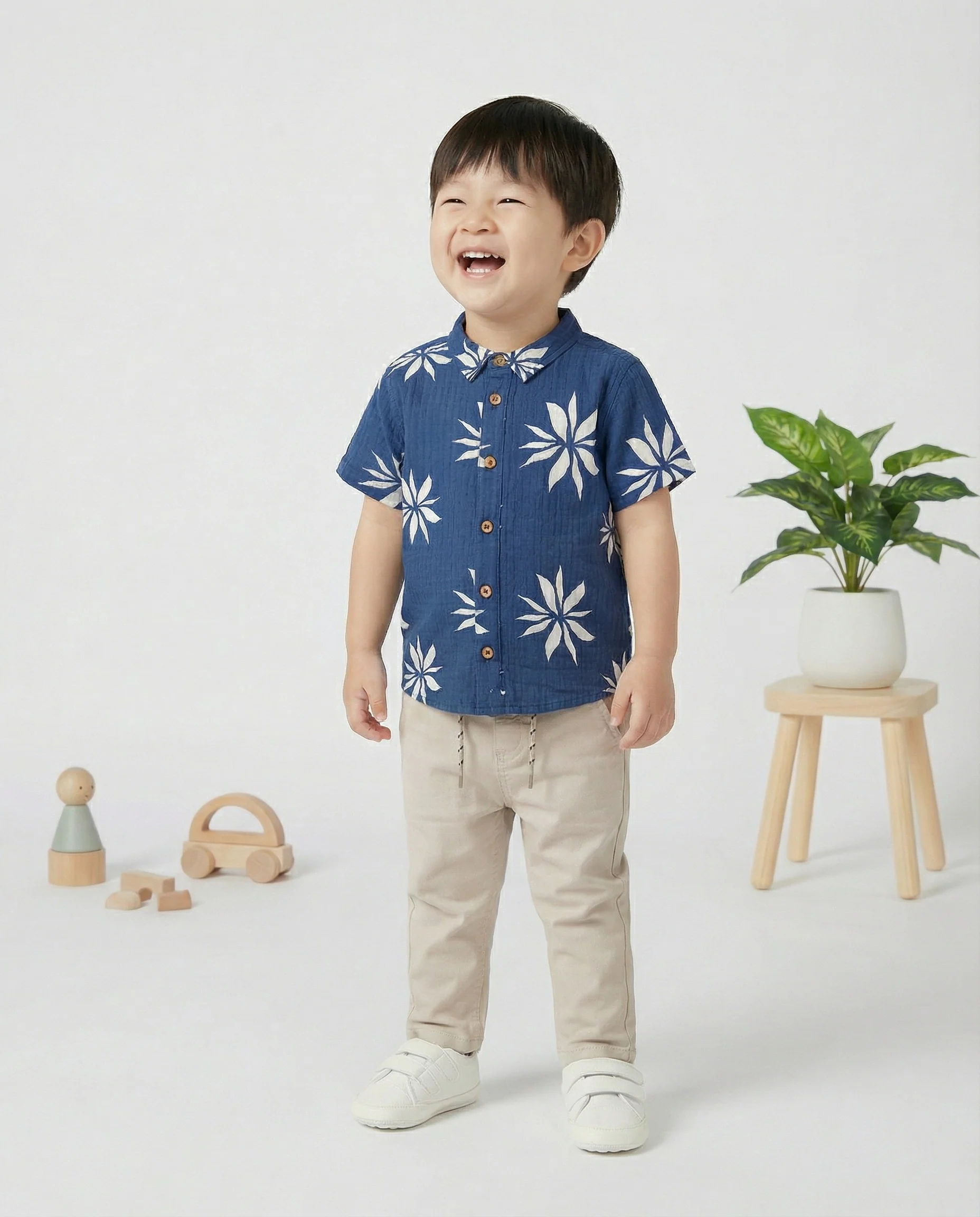 T-shirt girocollo a righe con taschino - Blu