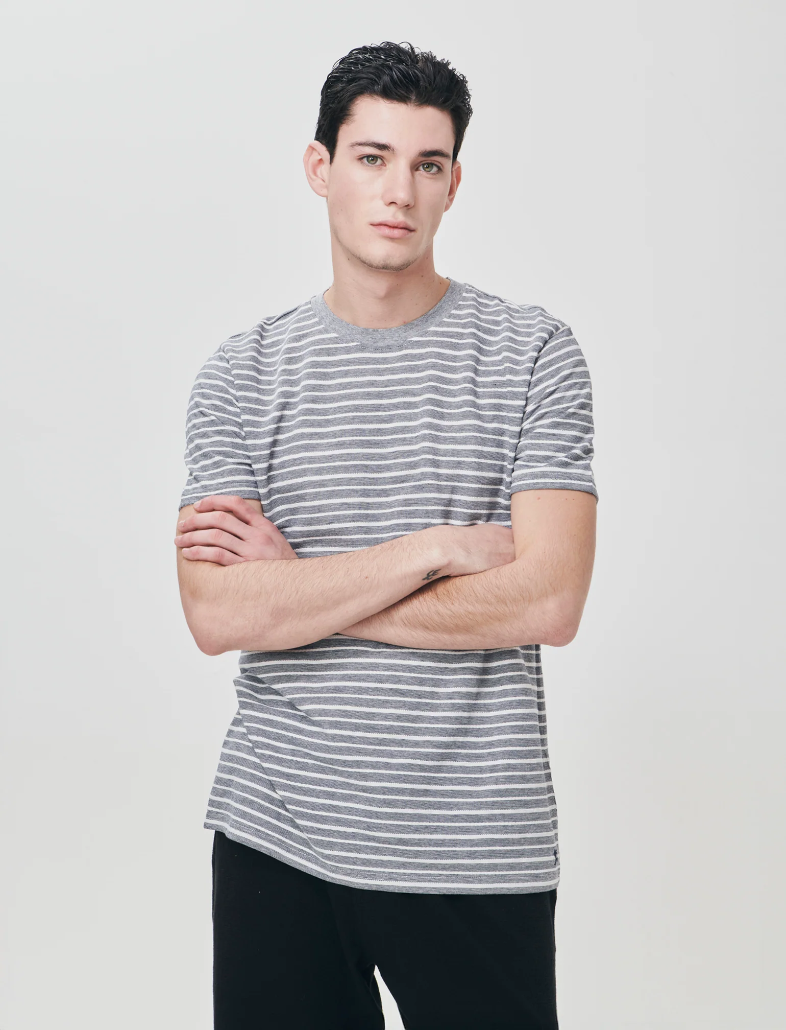 T-shirt girocollo a righe jacquard - Blu - Image 3