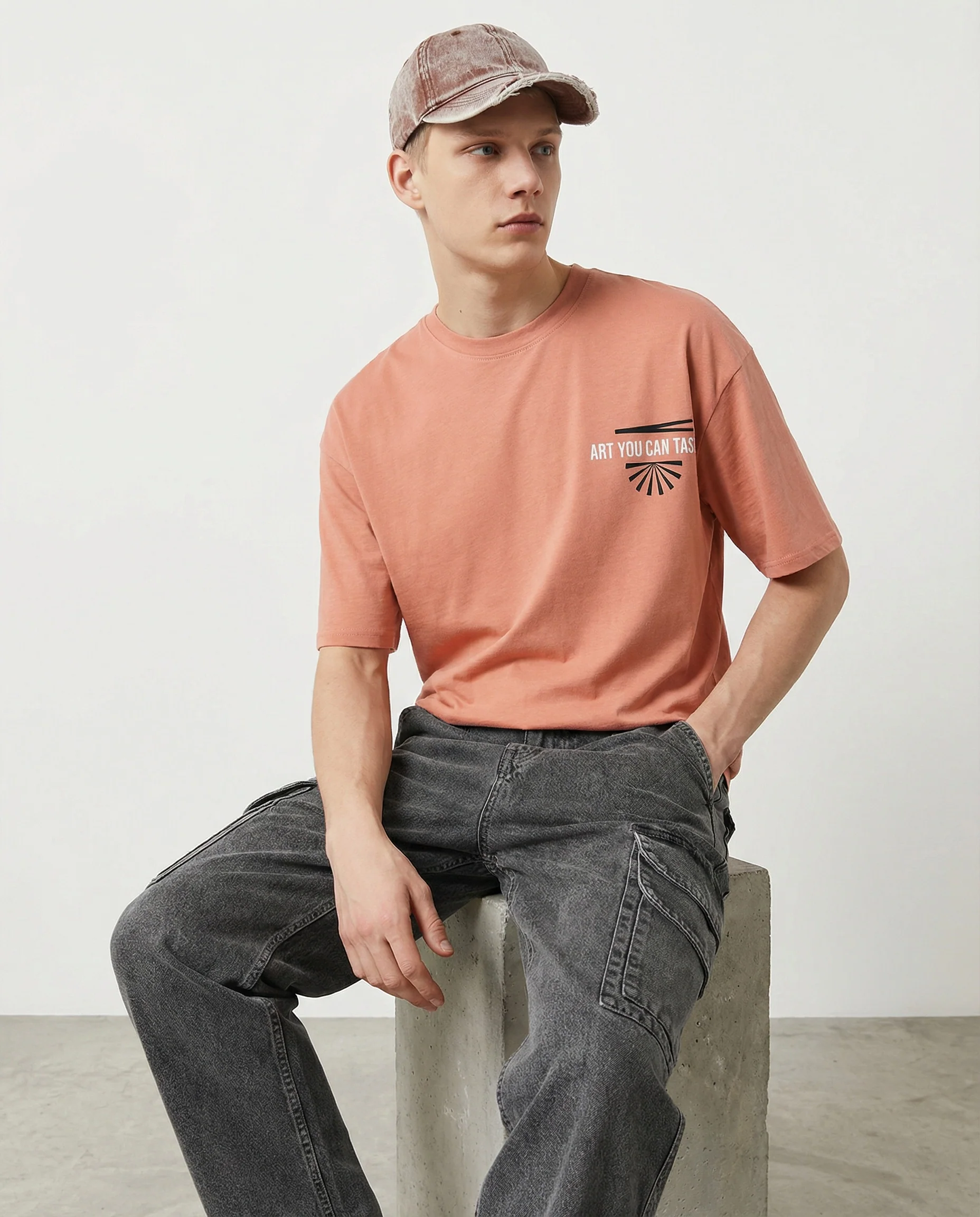 T-shirt girocollo con stampa boxy fit - Rosa salmone - Image 3