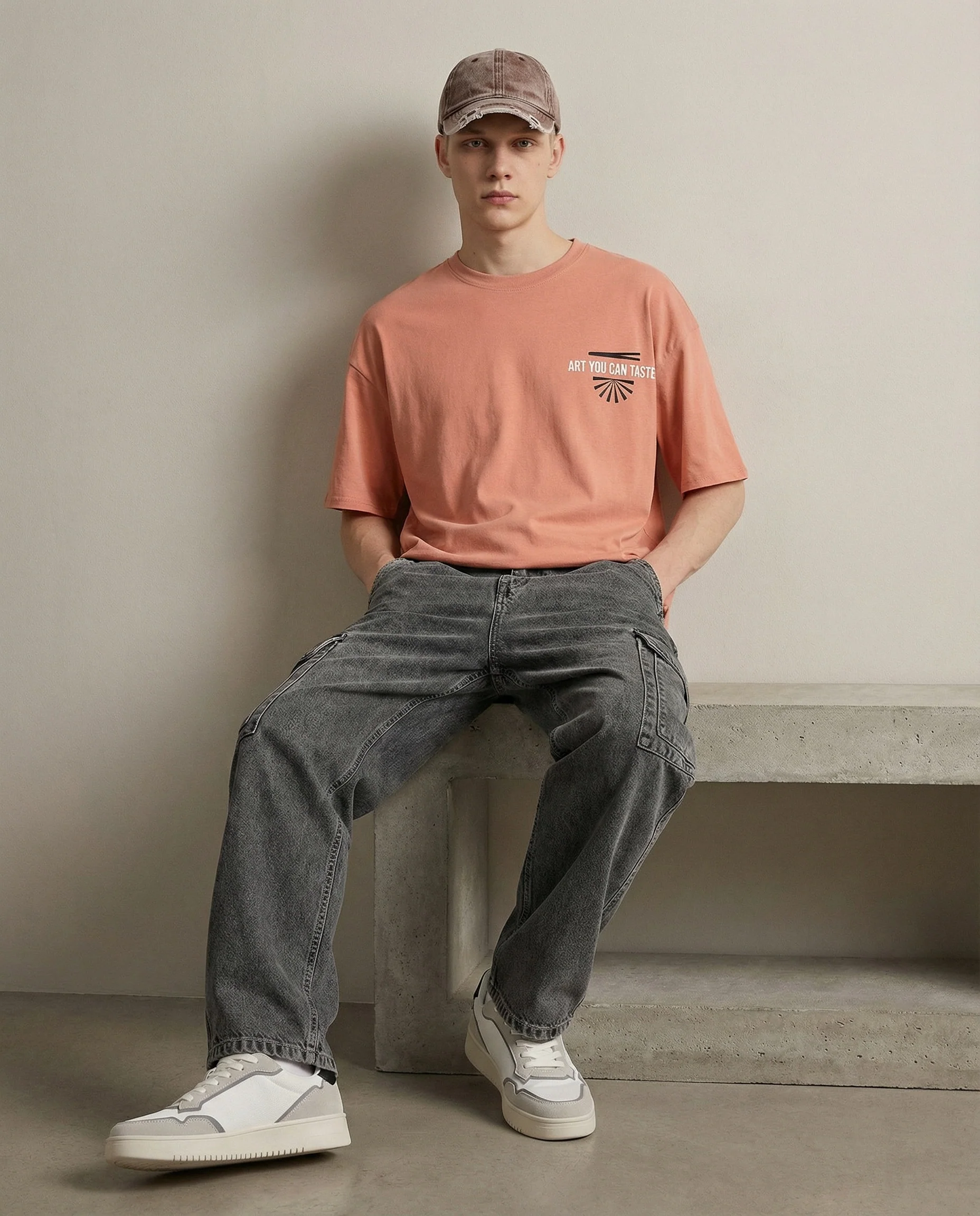 T-shirt girocollo con stampa boxy fit - Rosa salmone - Image 4