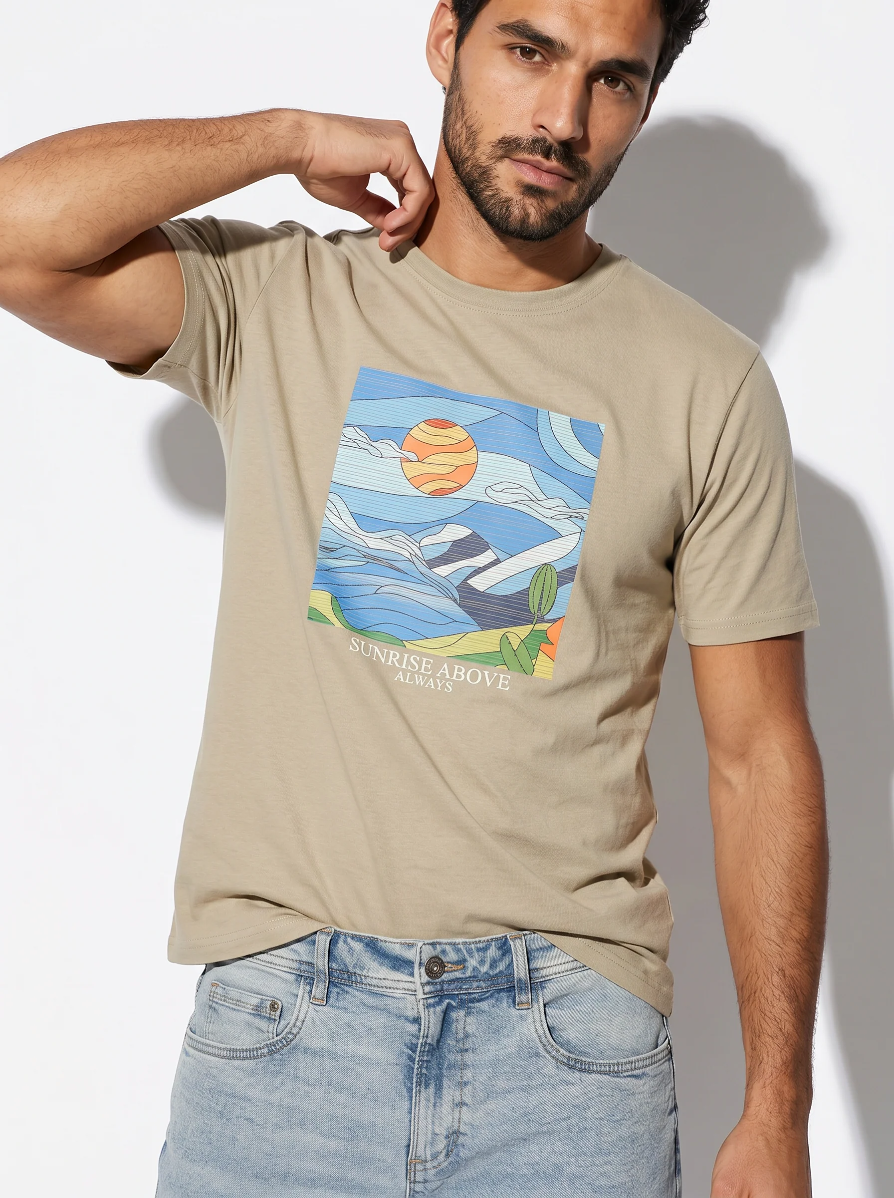 T-shirt girocollo effetto mosaico ricamato - Grigio stone