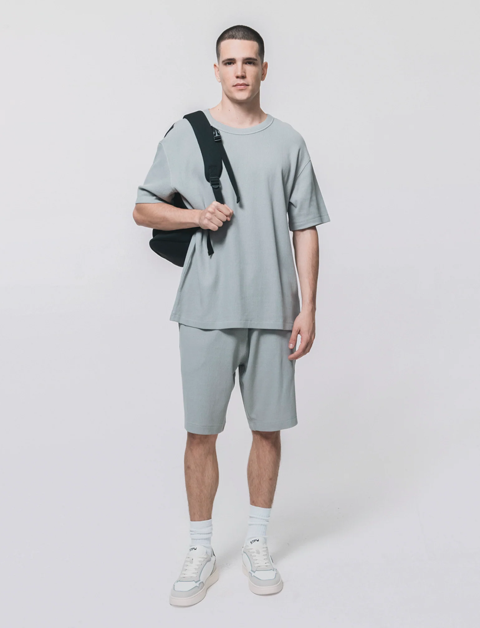 T-shirt girocollo in cotone a coste - Grigio - Image 3