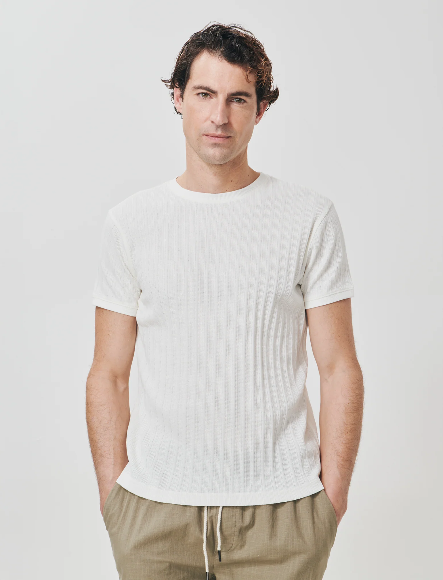 T-shirt girocollo jacquard effetto maglia - Beige ecru - Image 3