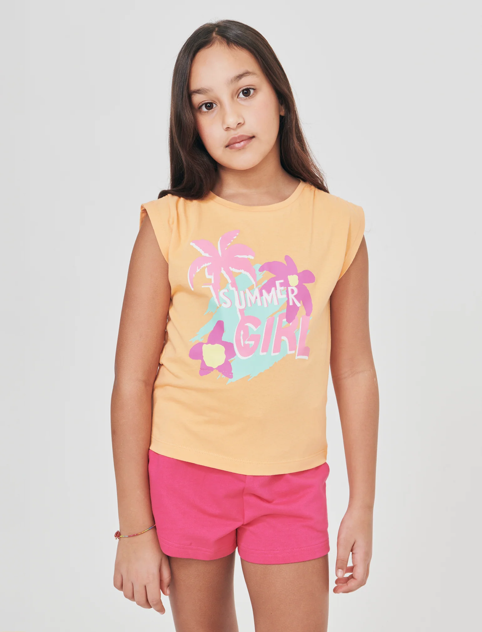 T-shirt giromanica bambina con arriccio - Pesca