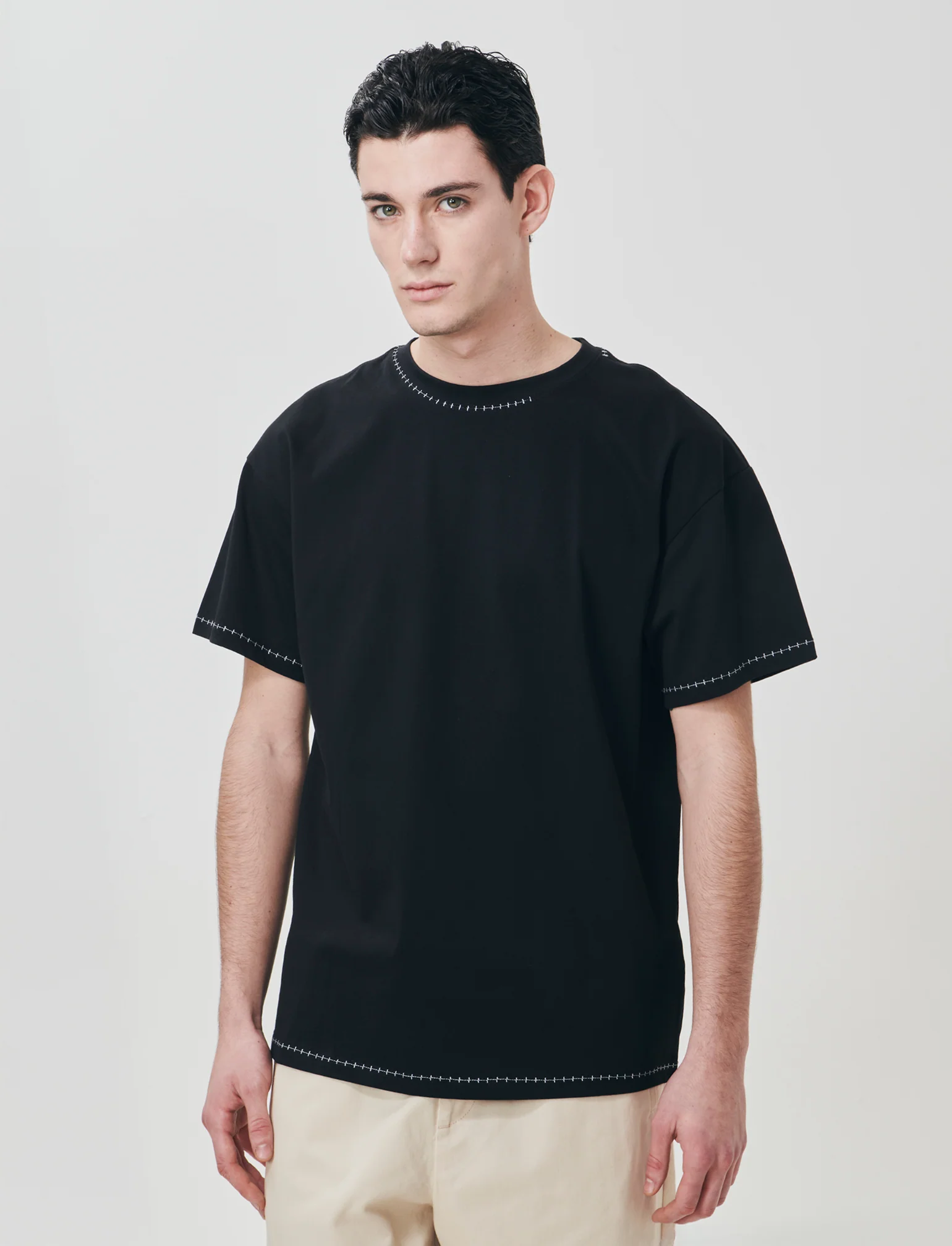 T-shirt heavy weight con impunture a contrasto - Nero - Image 3