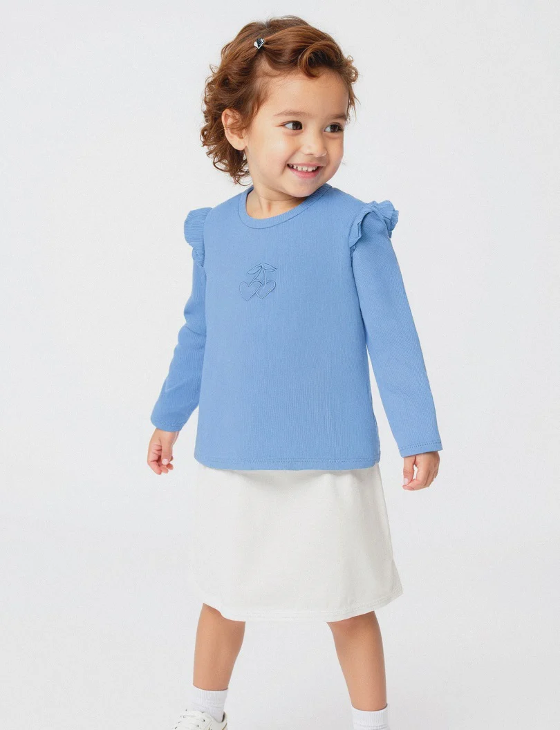 T shirt in costina con ricamo - Azzurro