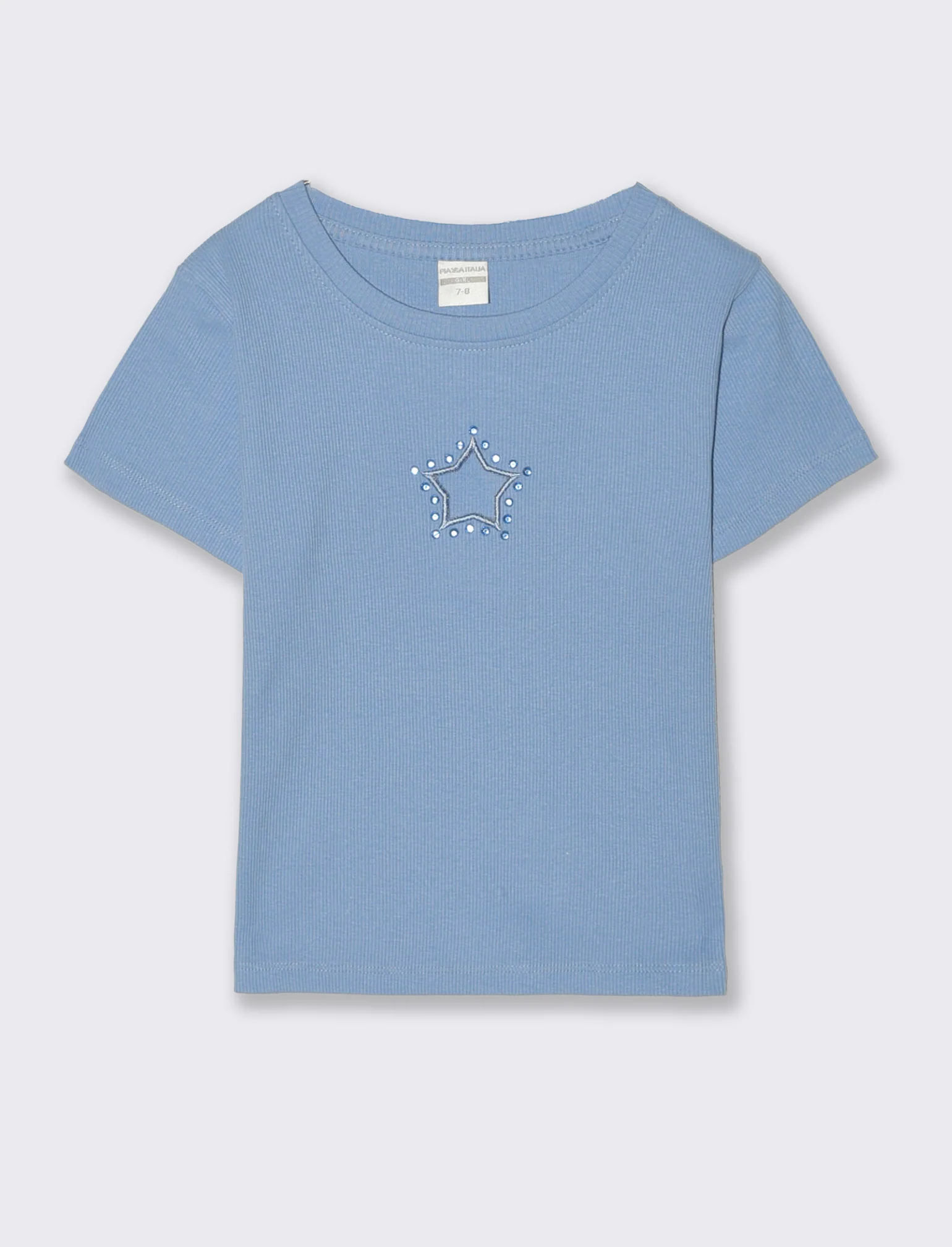 T-shirt in costina con stella e strass - Azzurro