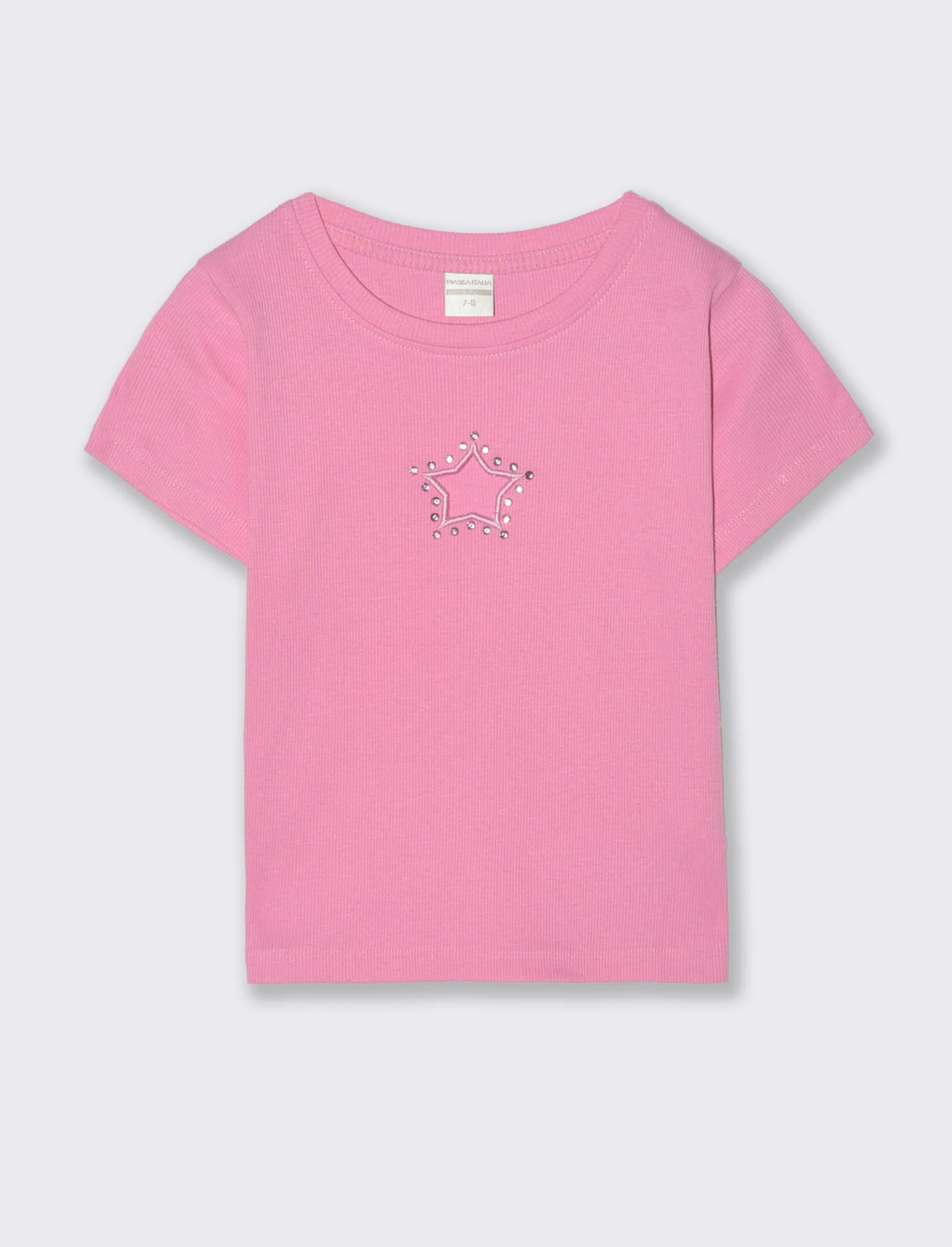 T-shirt in costina con stella e strass - Rosa candy