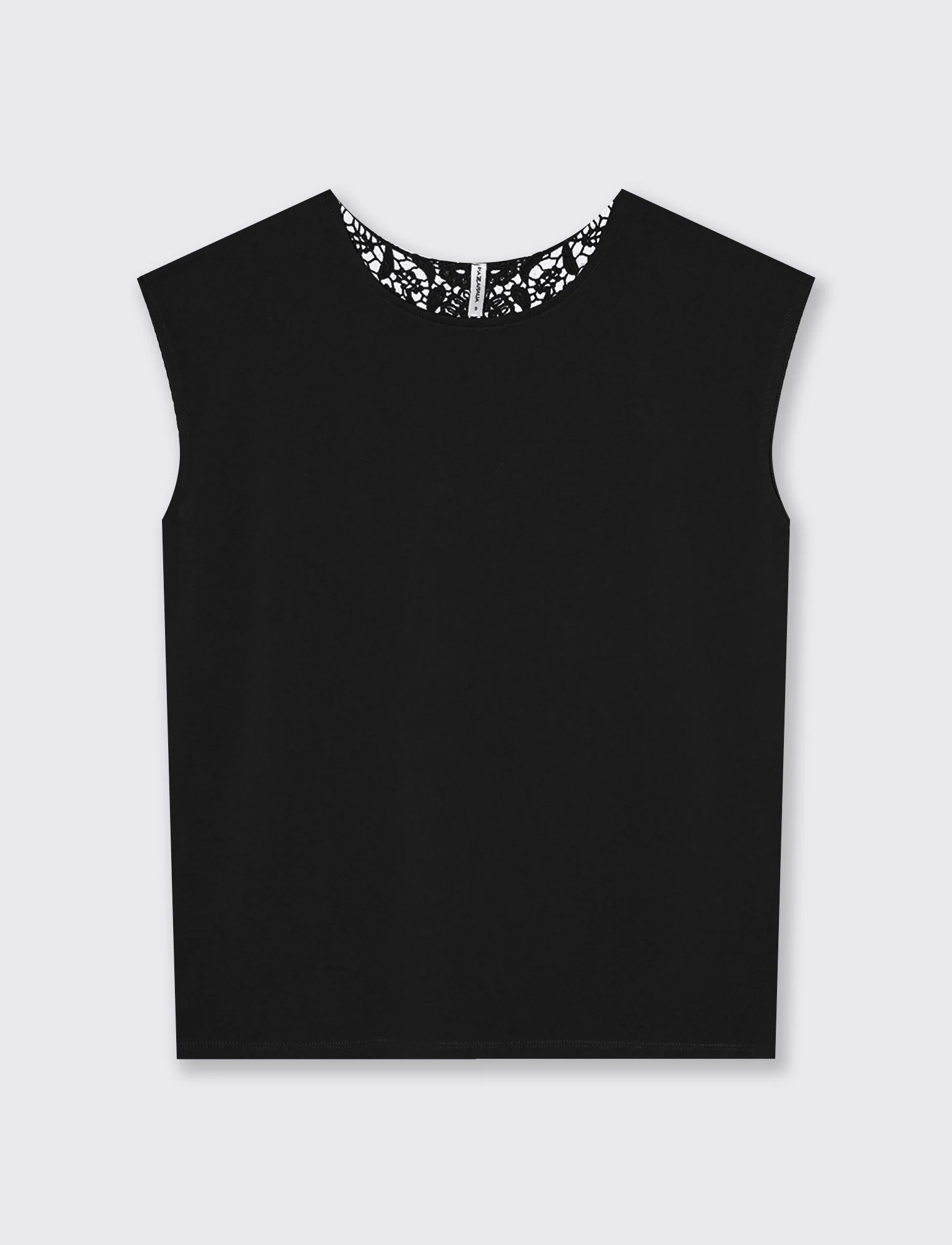 T-Shirt in Cotone con Inserto in Crochet - Nero - Image 2