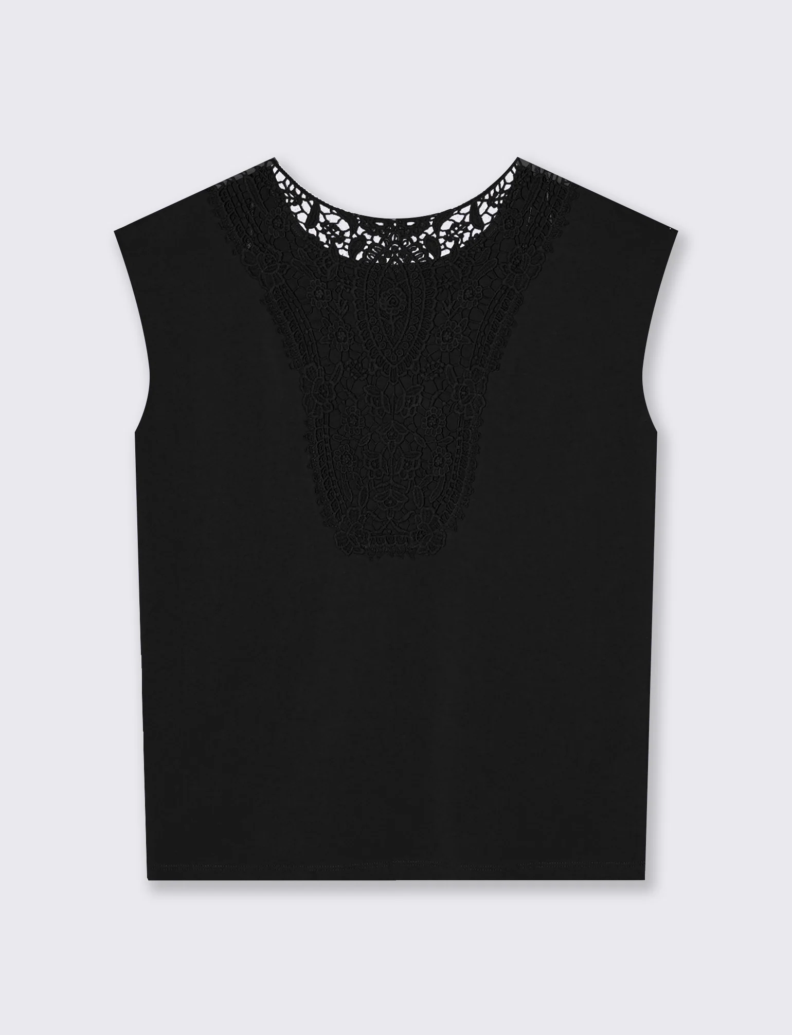 T-Shirt in Cotone con Inserto in Crochet - Nero - Image 3