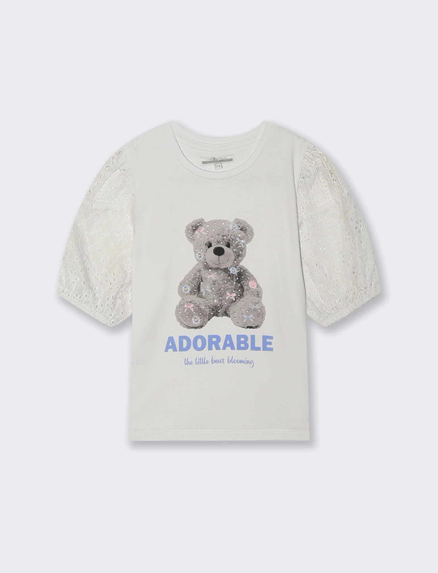 T-shirt in cotone con maniche in pizzo e strass - Bianco