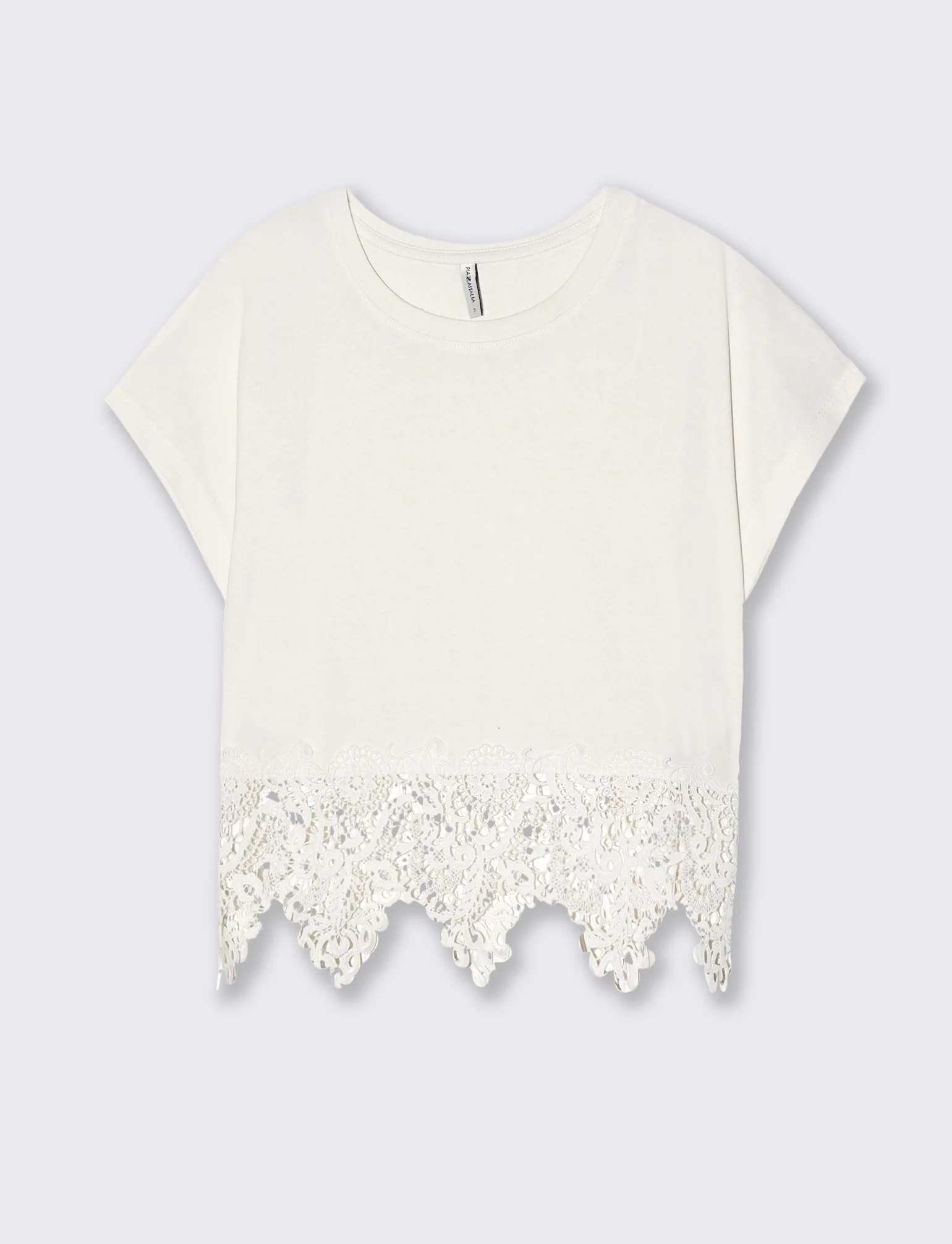 T-Shirt in Cotone con Pizzo al Fondo - Avorio
