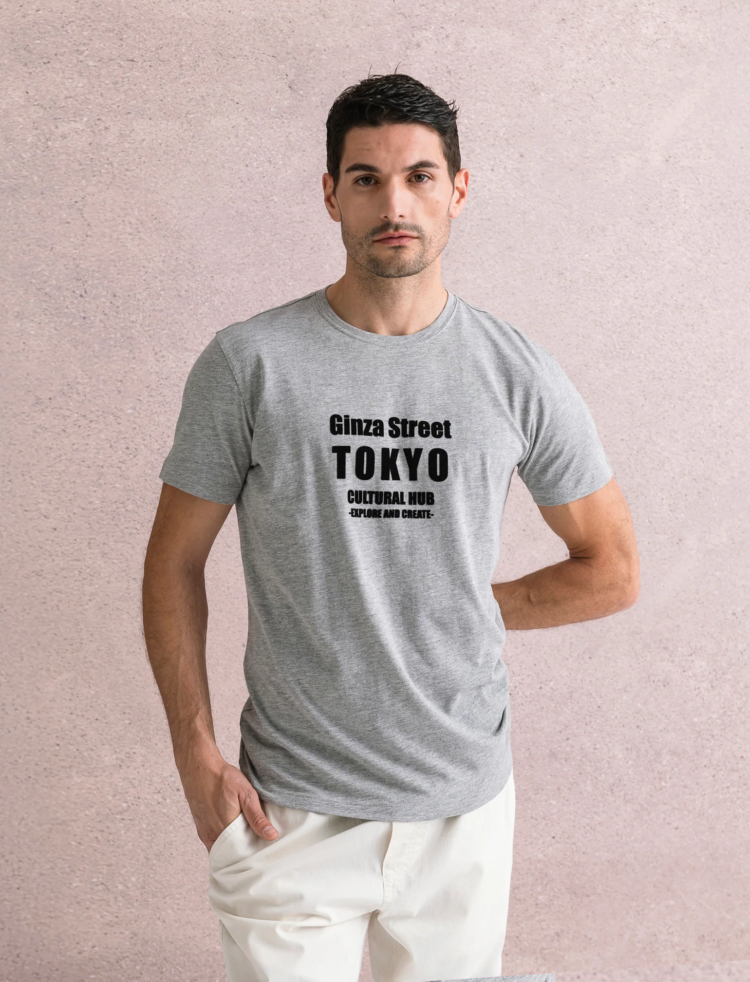 T-SHIRT IN COTONE CON STAMPA FLOCK - Grigio mel. - Image 3