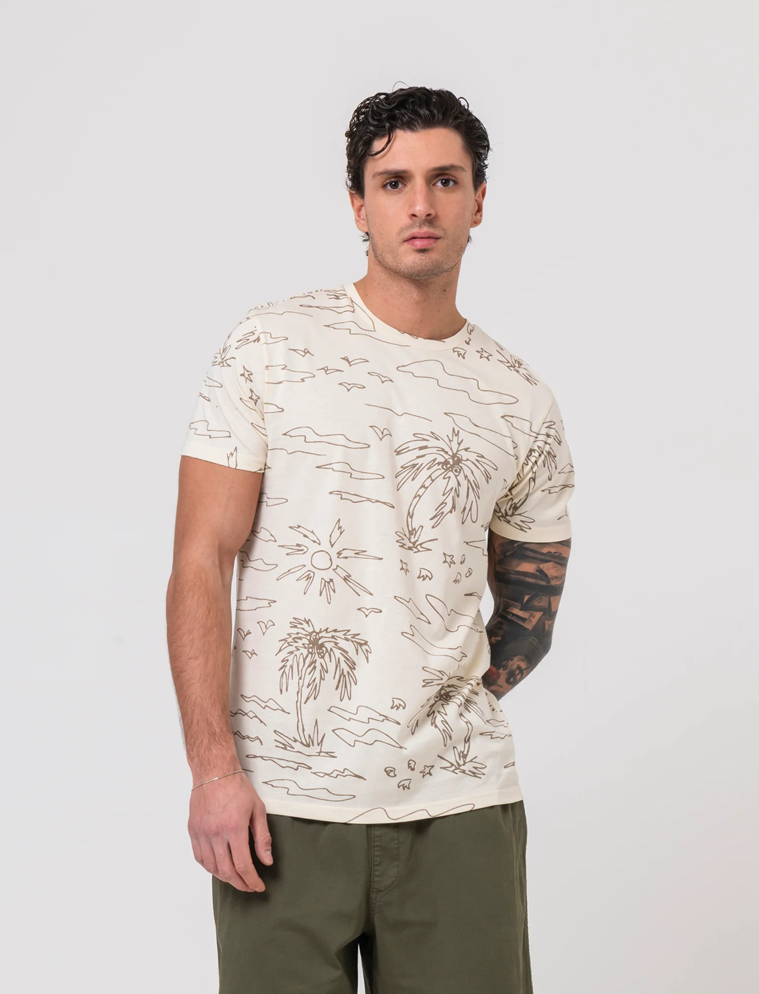 T-shirt in cotone con stampa floreale all over da uomo - Beige ecru