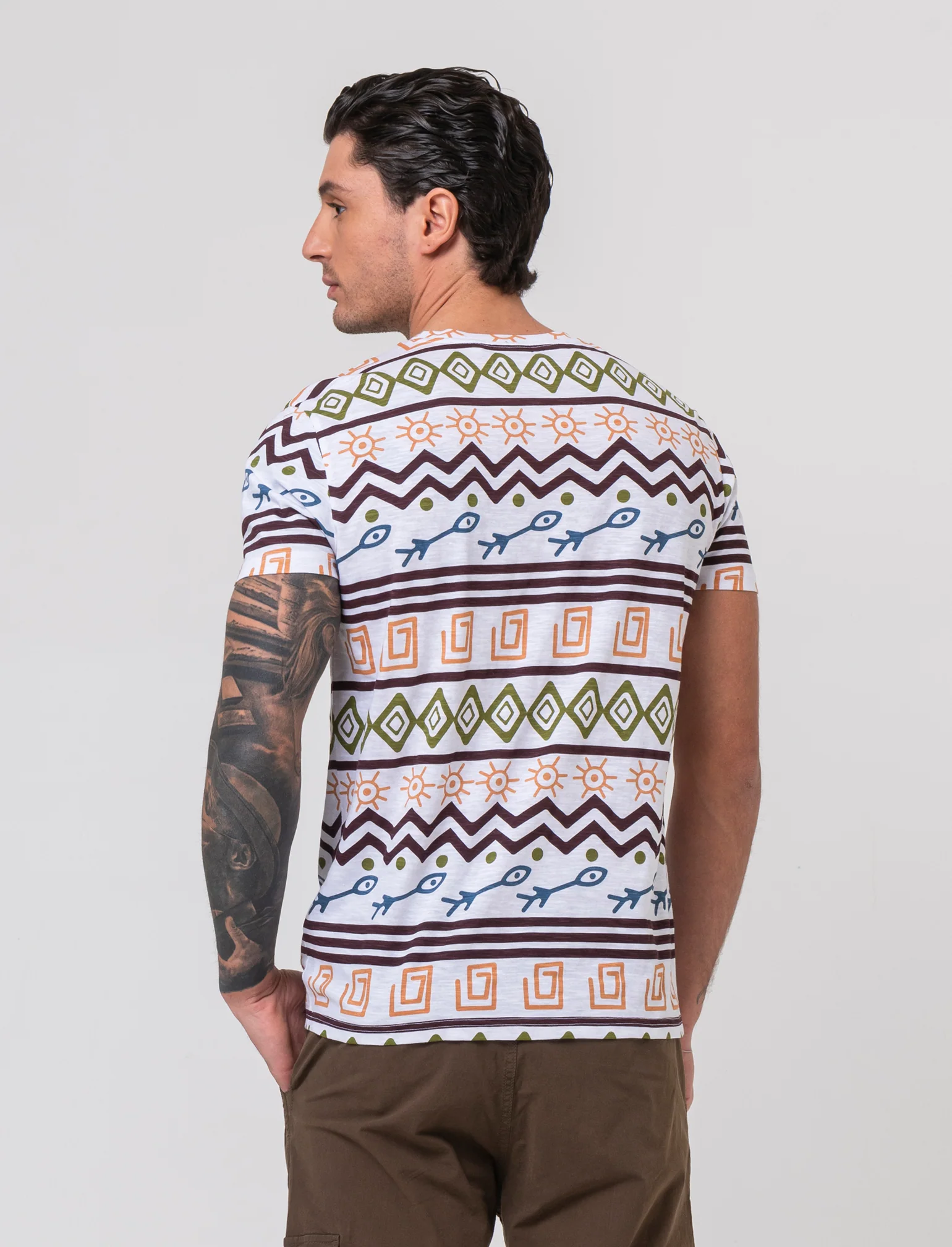 T-shirt in cotone slub con stampa azteca da uomo - Bianco - Image 2