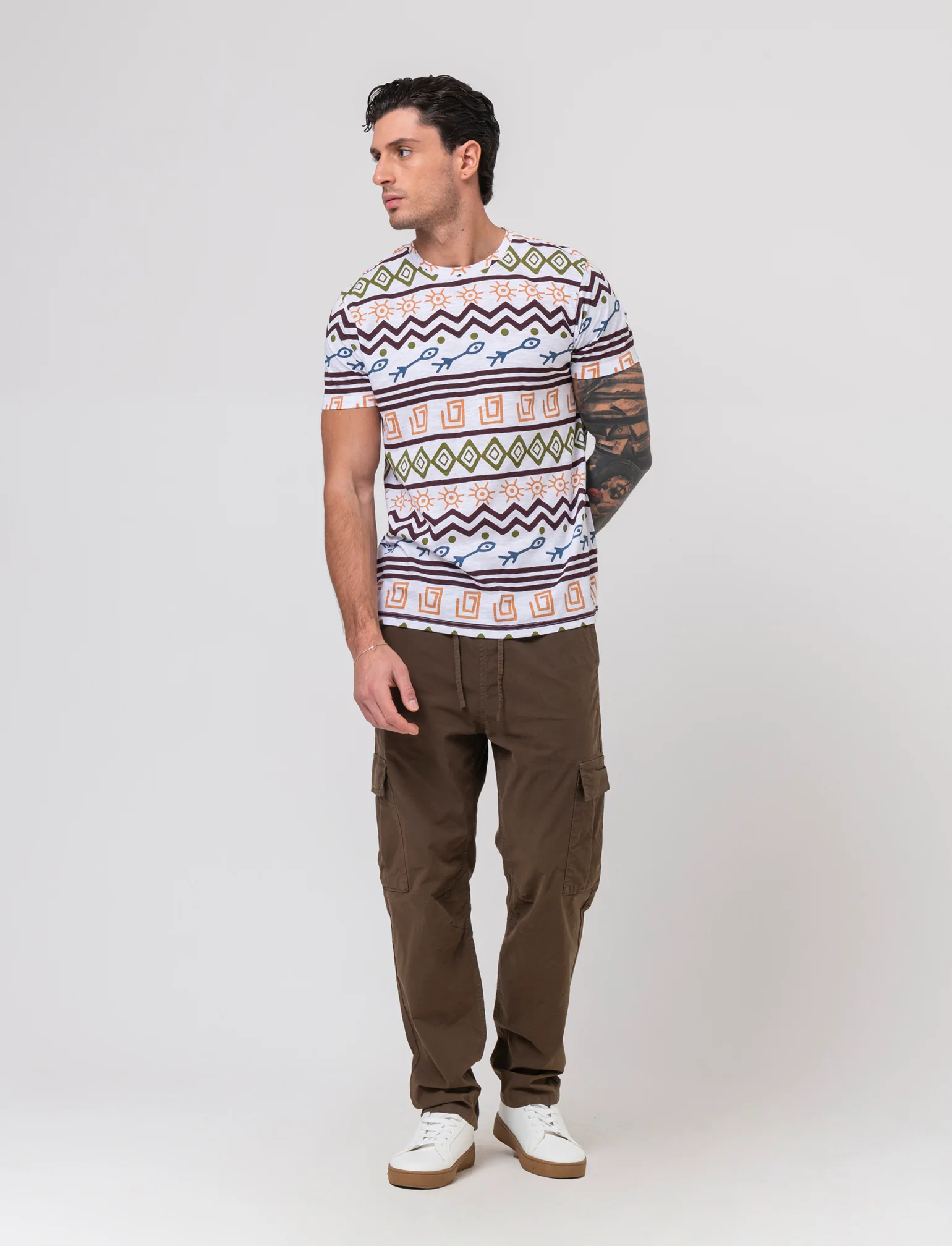T-shirt in cotone slub con stampa azteca da uomo - Bianco - Image 3