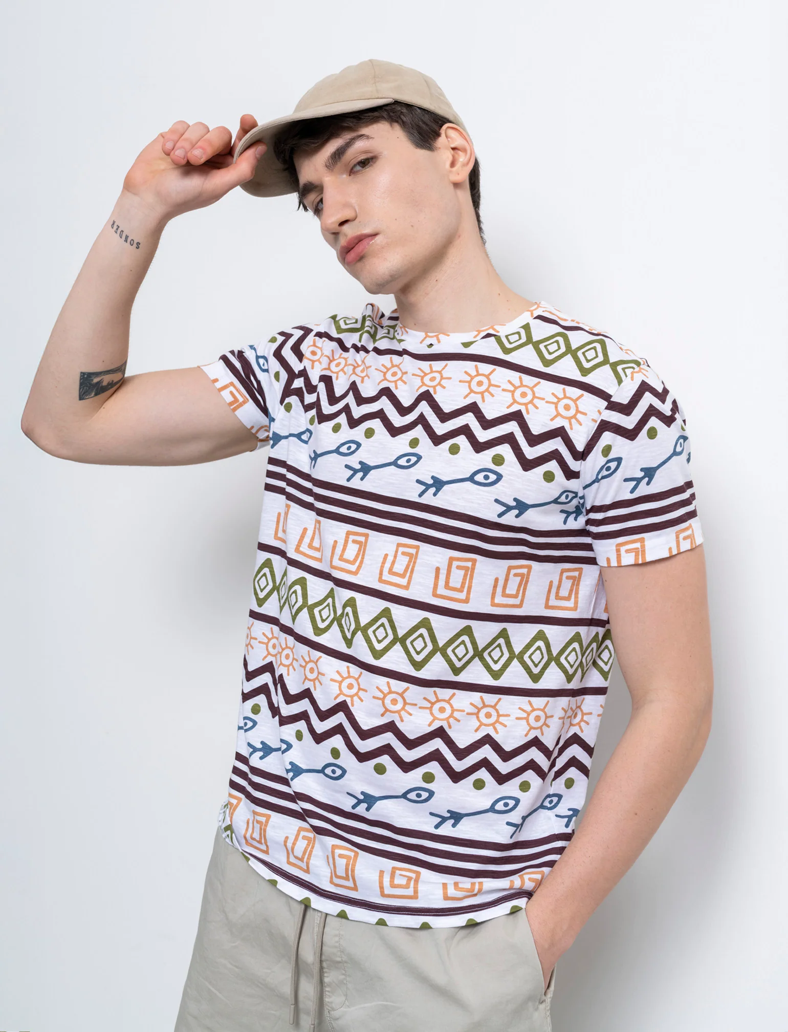 T-shirt in cotone slub con stampa azteca da uomo - Bianco - Image 4