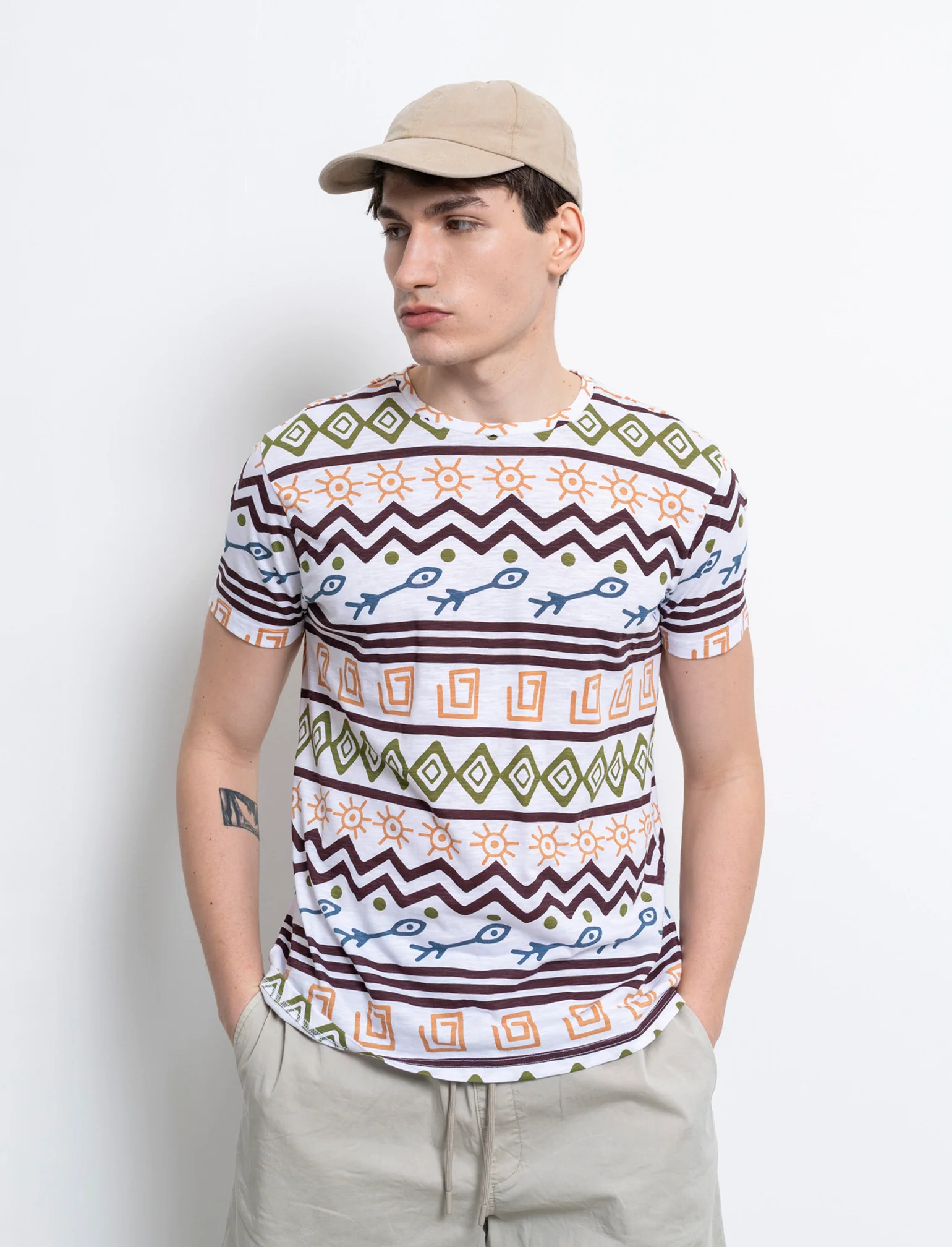 T-shirt in cotone slub con stampa azteca da uomo - Bianco - Image 5