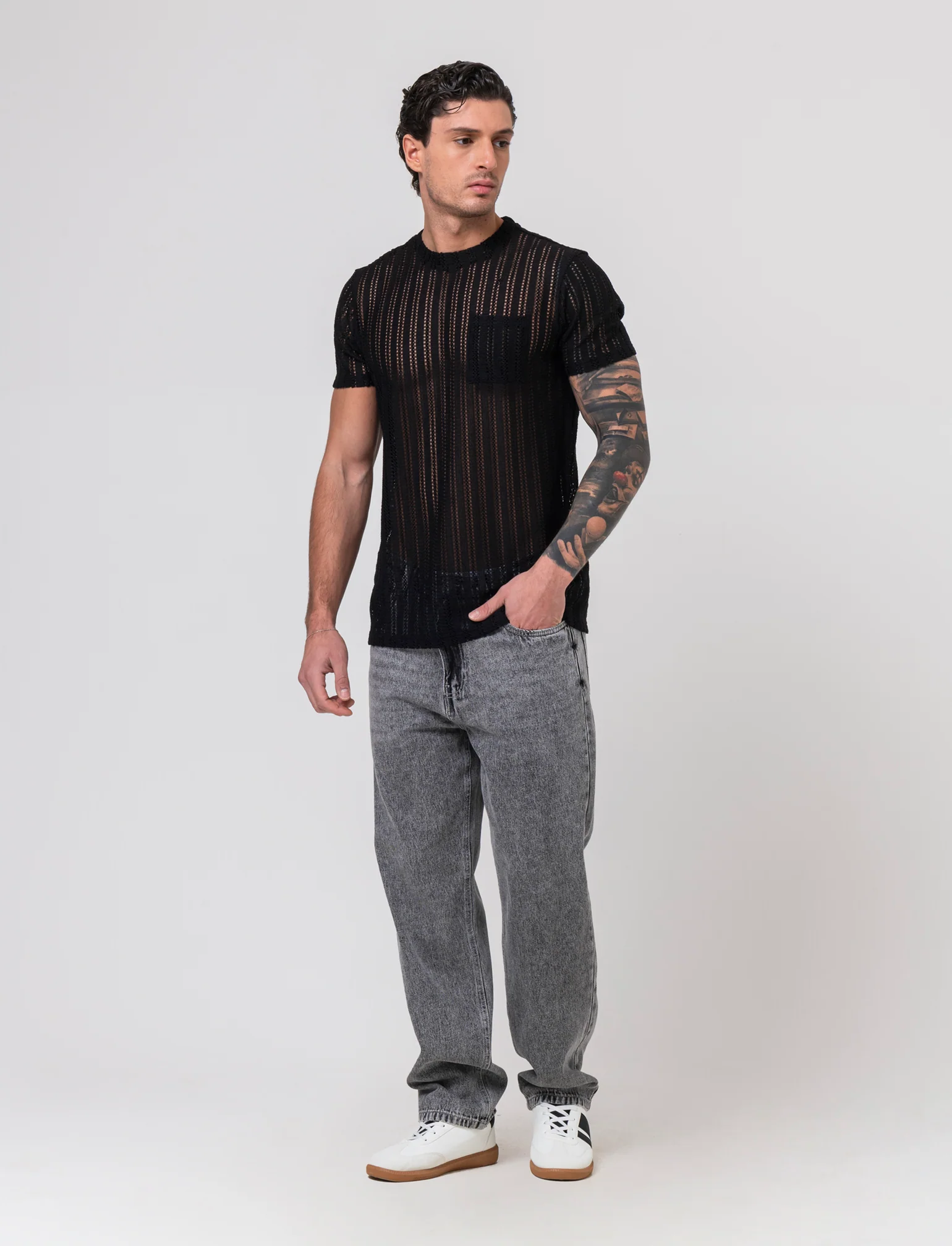 T-shirt in maglia crochet da uomo - Nero - Image 2