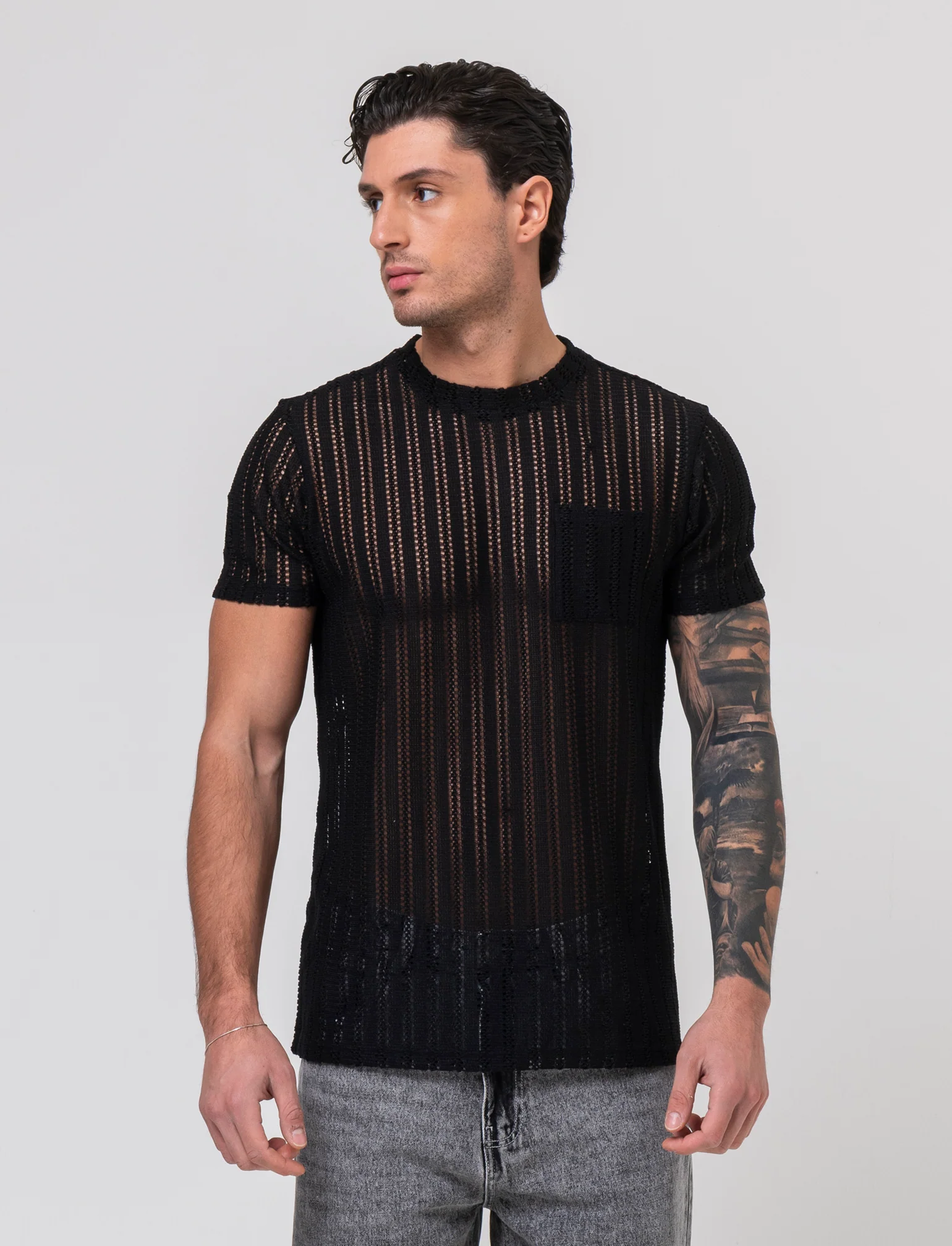 T-shirt in maglia crochet da uomo - Nero - Image 3