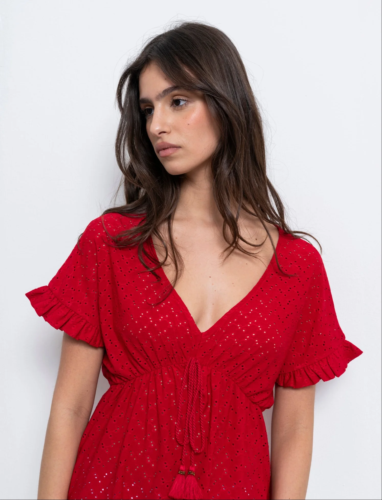 T-shirt in pizzo con elastico in vita da donna - Rosso scarlatto - Image 3