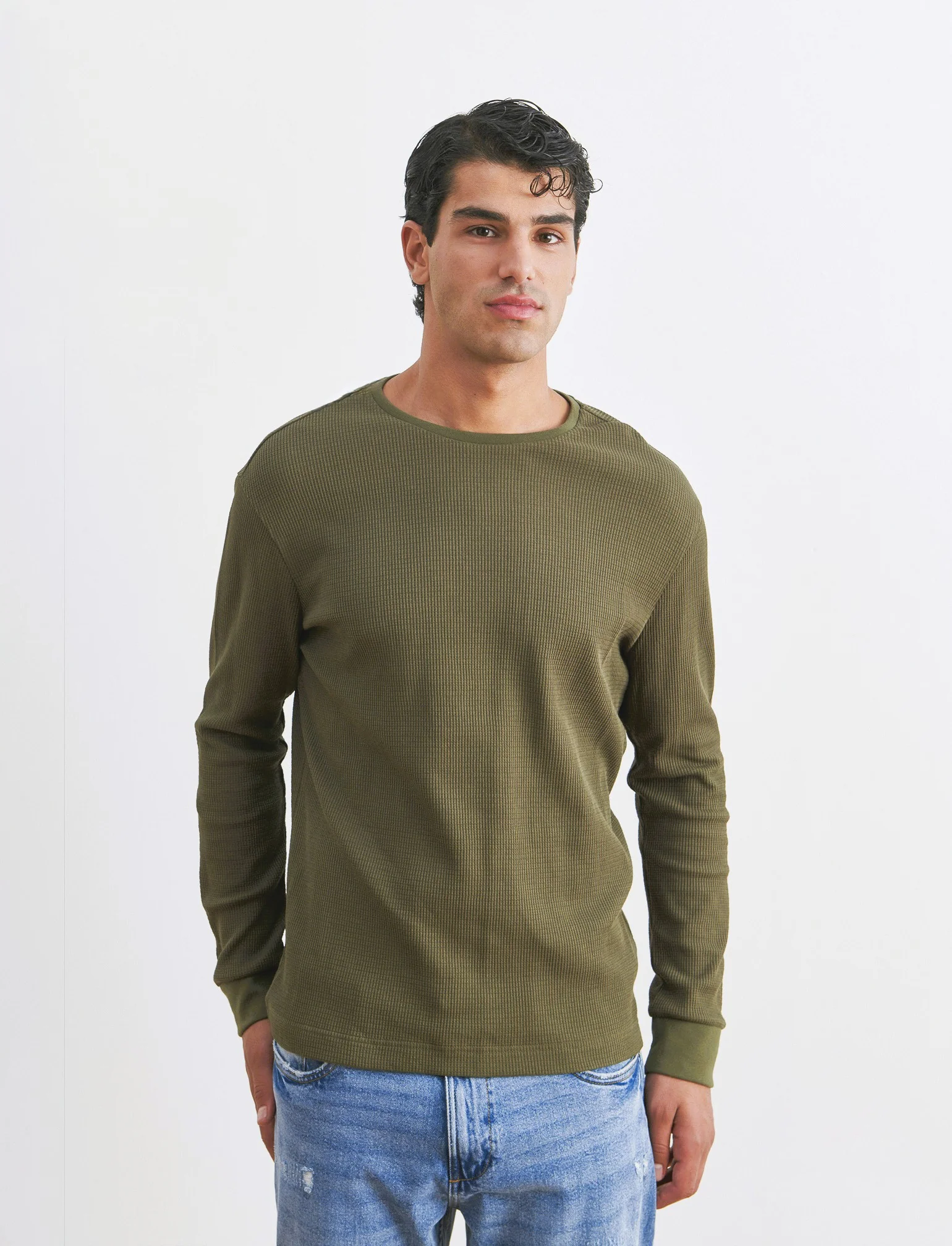 T-SHIRT IN WAFFLE SLIM FIT - Verde militare - Image 3