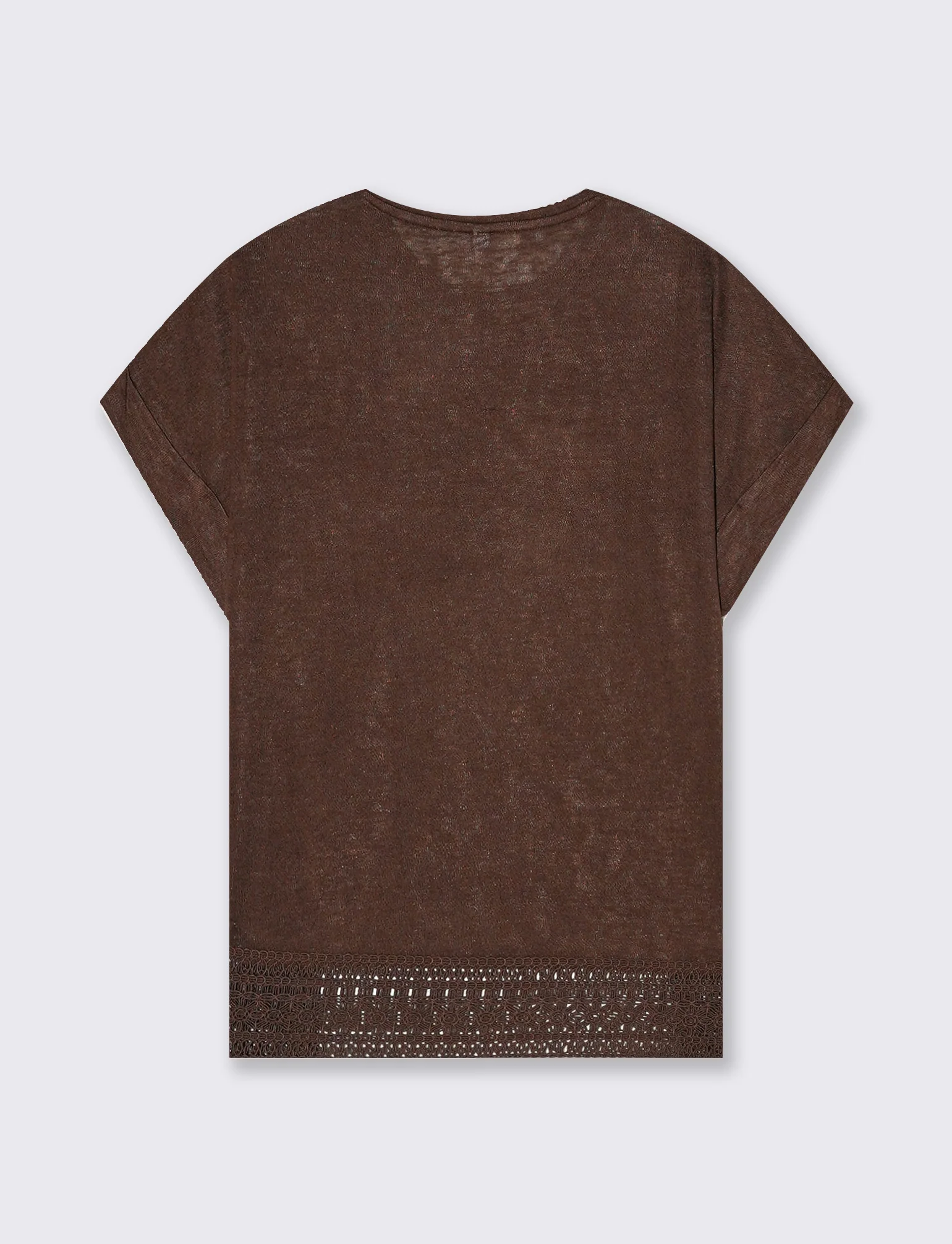 T-Shirt Manica Corta con Pizzo e Risvolto - Marrone cioccolato - Image 2