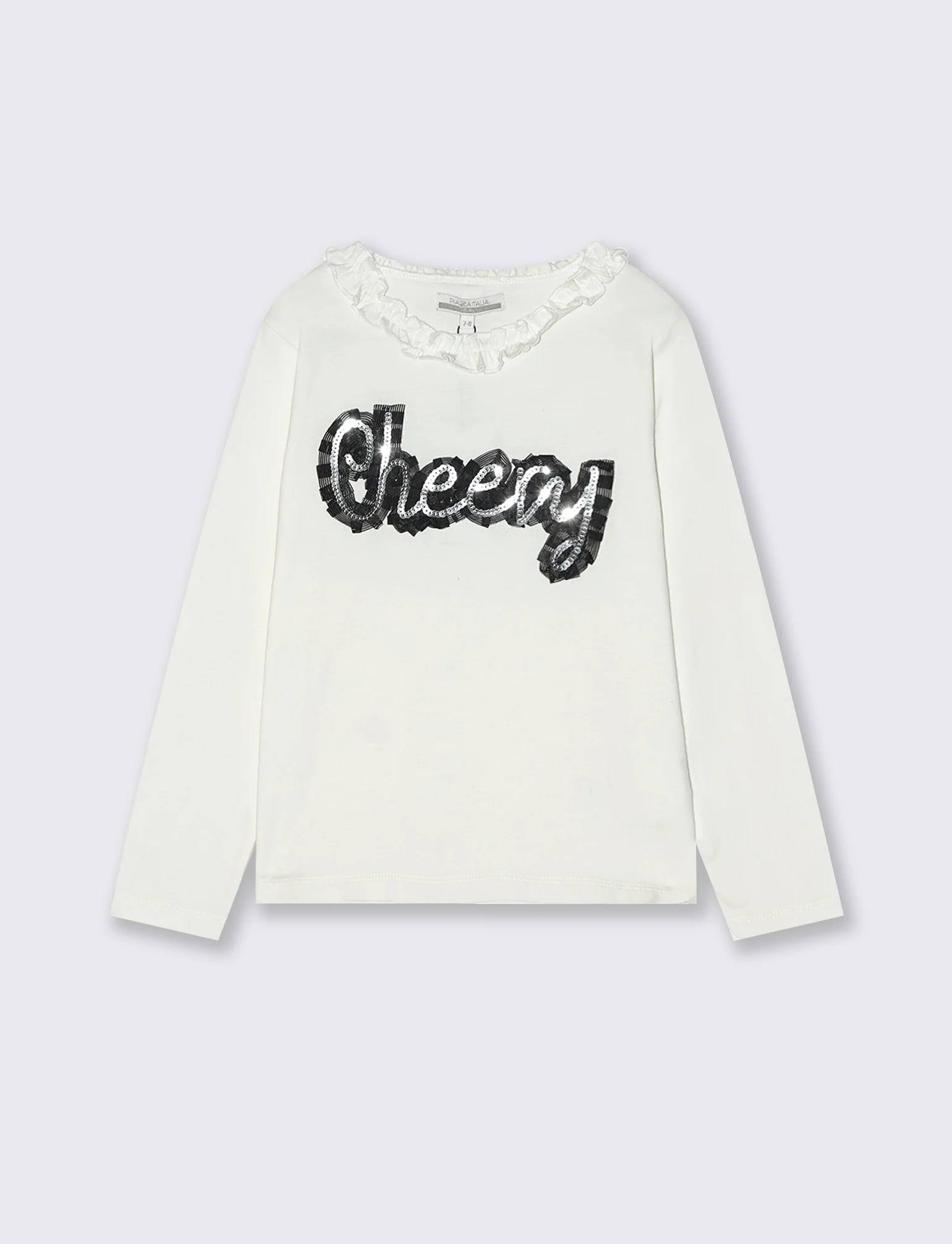 T-shirt manica lunga con scollo rouches e applicazione sul davanri, - Bianco latte