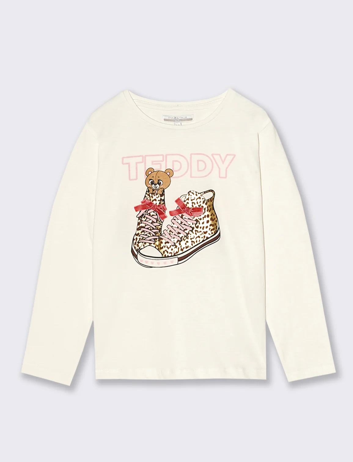 T-Shirt manica lunga in cotone dalla mano pesca con stampa e fiocchi applicati. - Bianco sporco