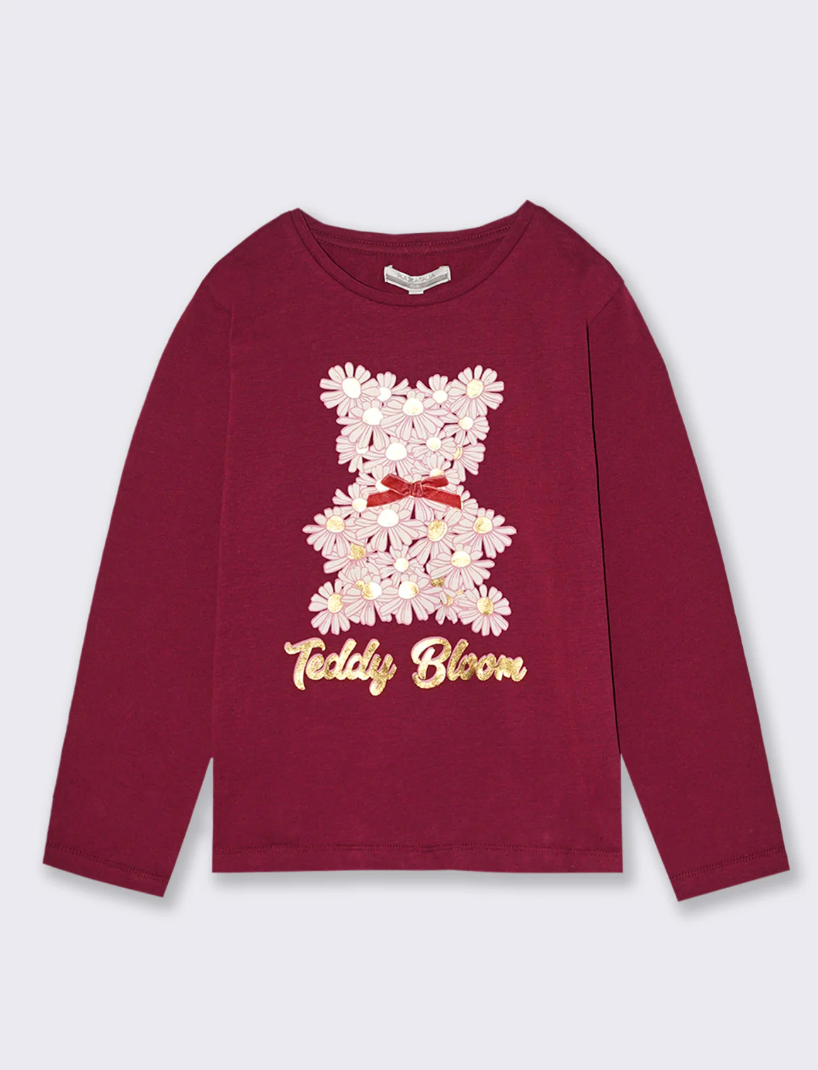 T-Shirt manica lunga in cotone dalla mano pesca con stampa e fiocchi applicati. - Bordeaux