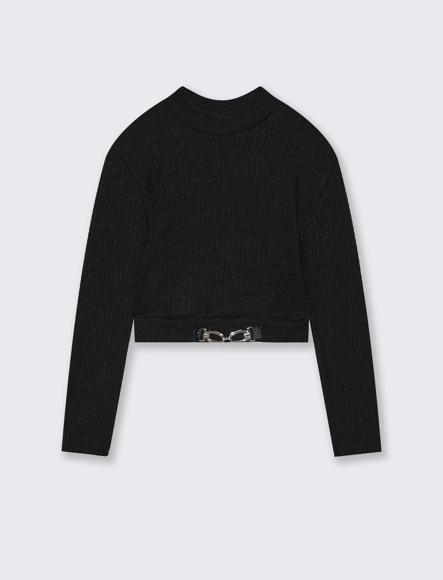 T-shirt manica lunga in maglia con accessorio decorativo. - Nero