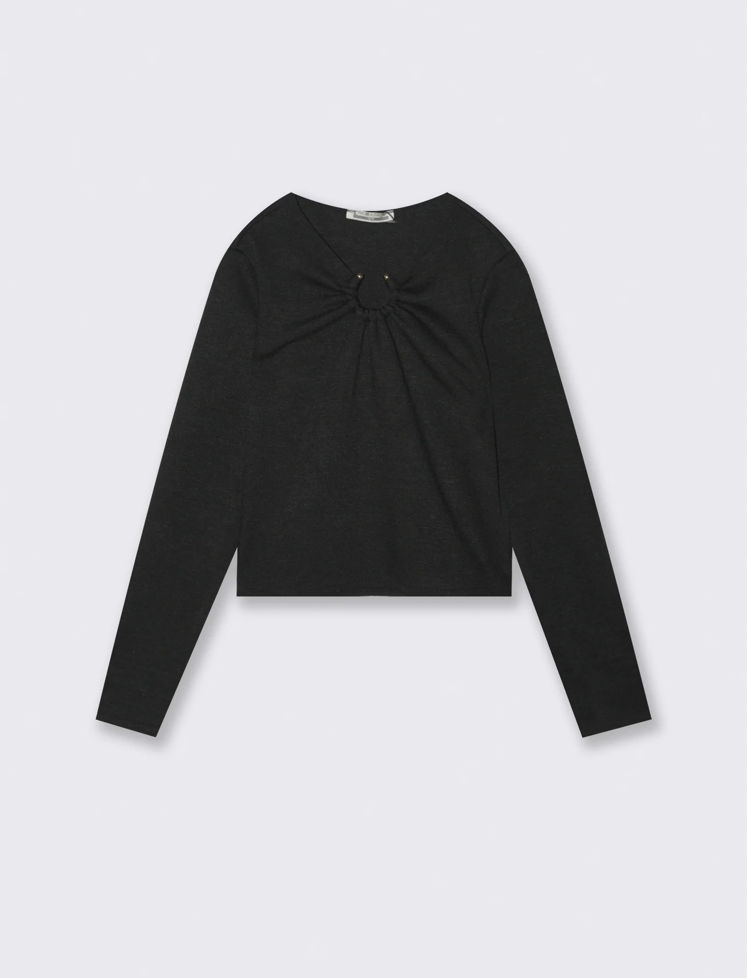 T-shirt manica lunga in maglia con scollatura decorativa. - Nero