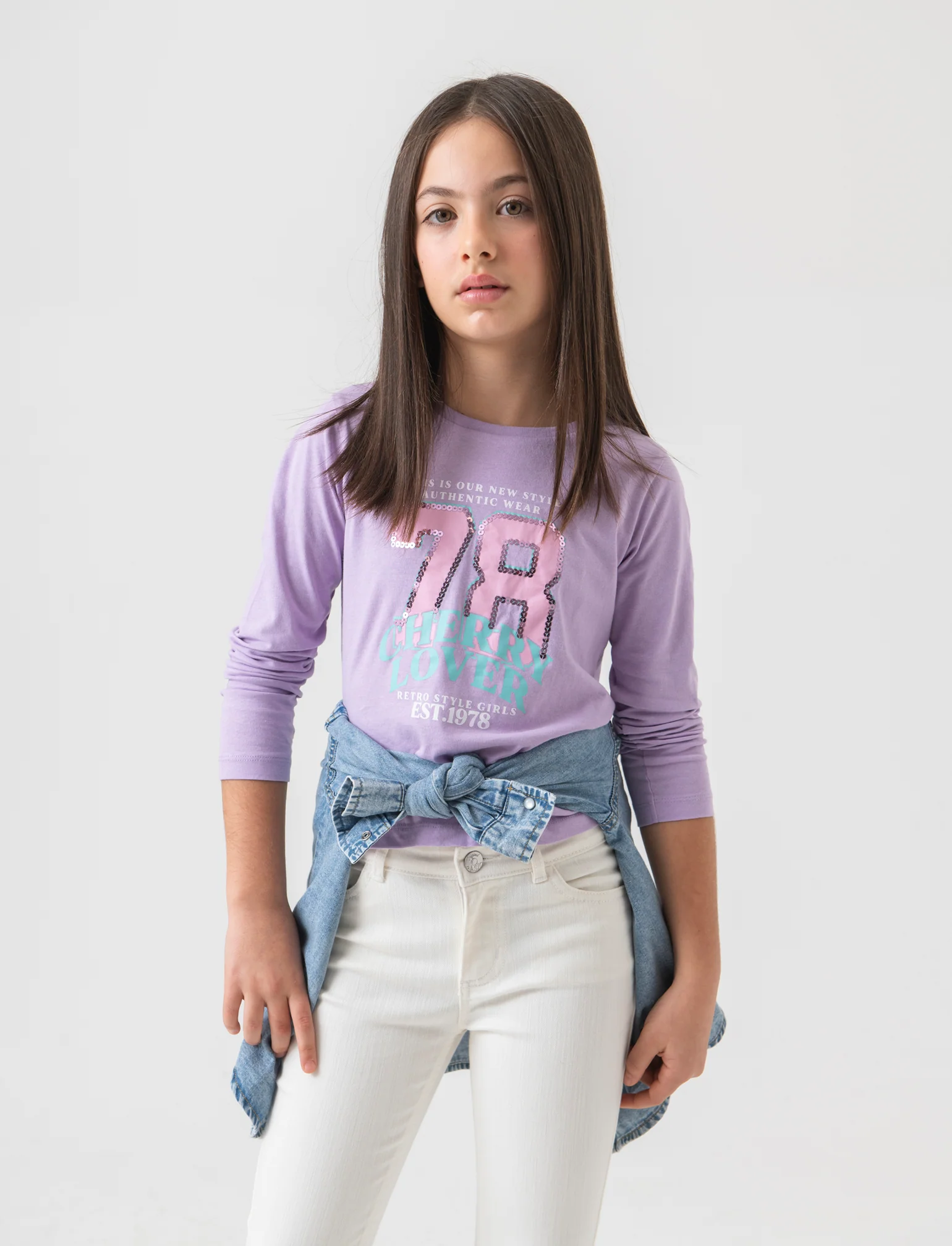 T-shirt manica lunga stampata da bambina - Lilla