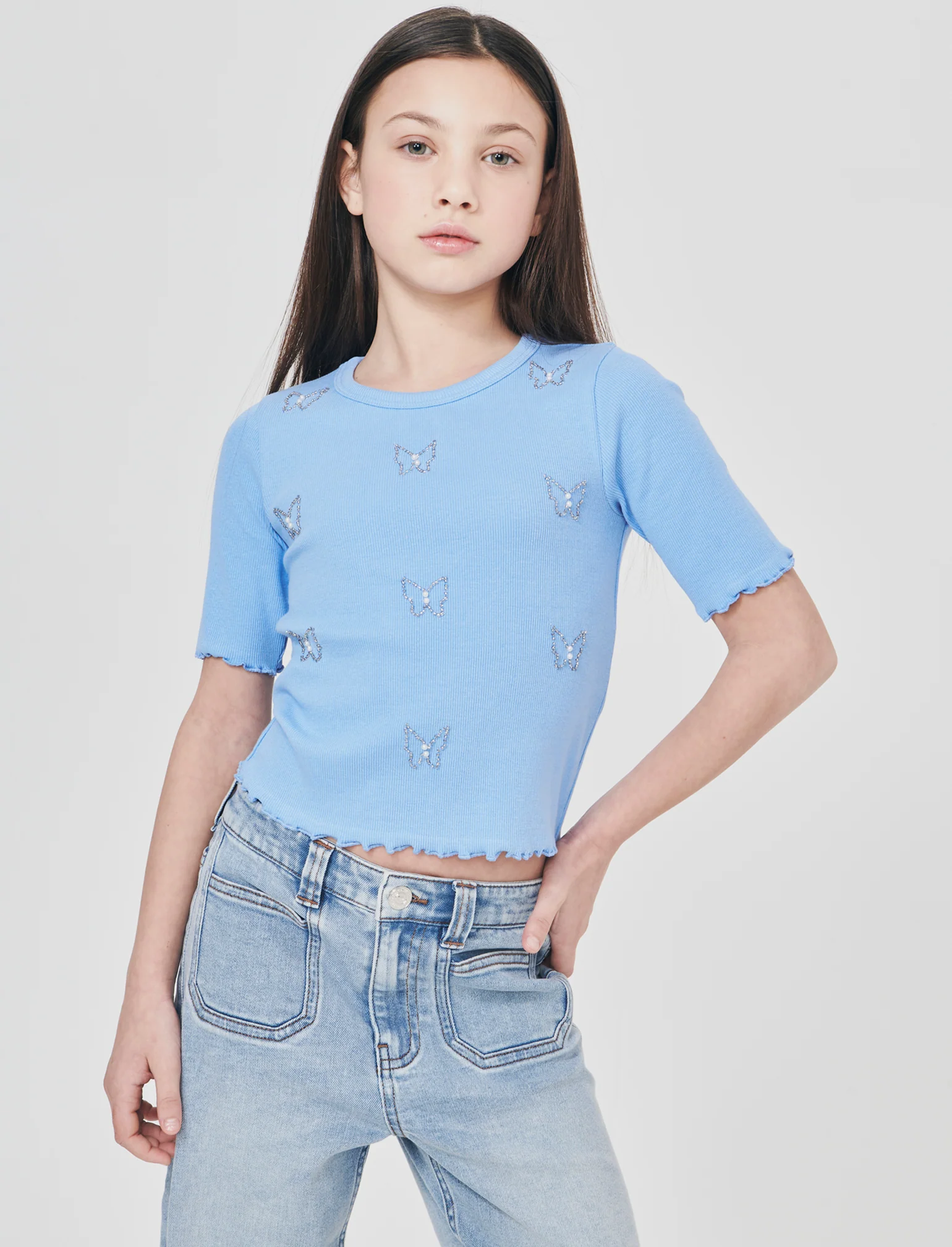 T-shirt mezza manica con perline e orli ondulati - Azzurro - Image 3