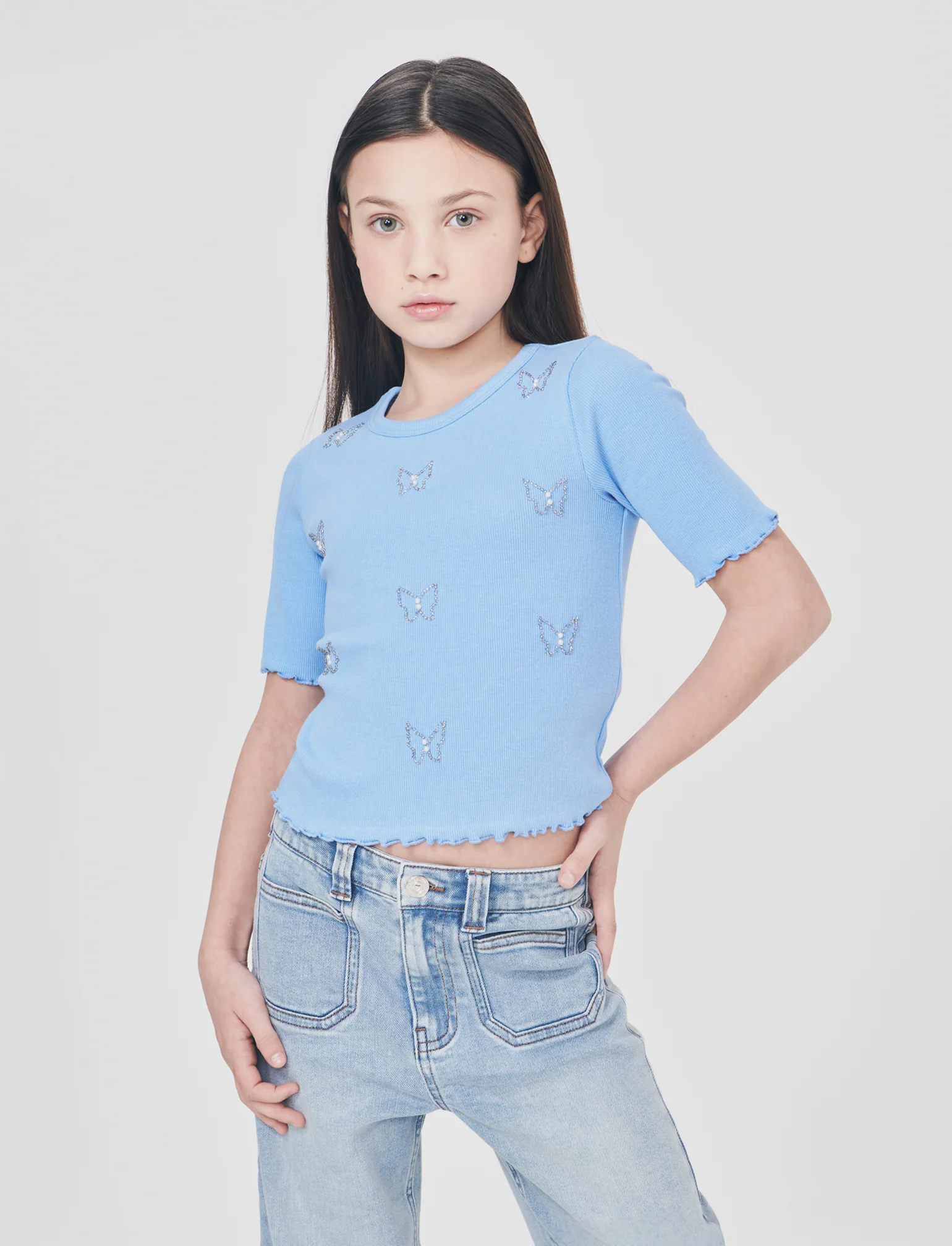 T-shirt mezza manica con perline e orli ondulati - Azzurro - Image 4