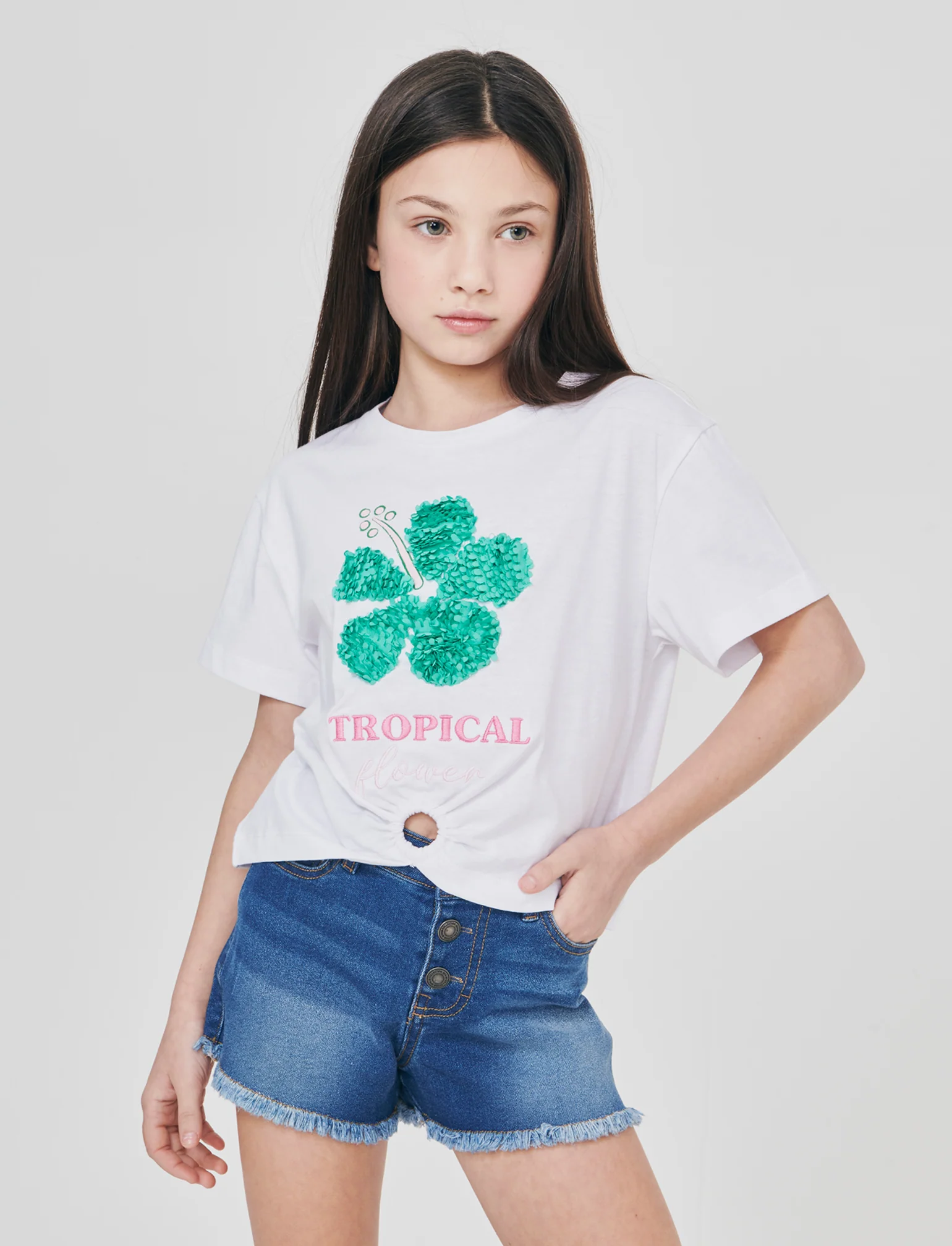 T-shirt mezza manica con petali decorativi - Bianco - Image 2