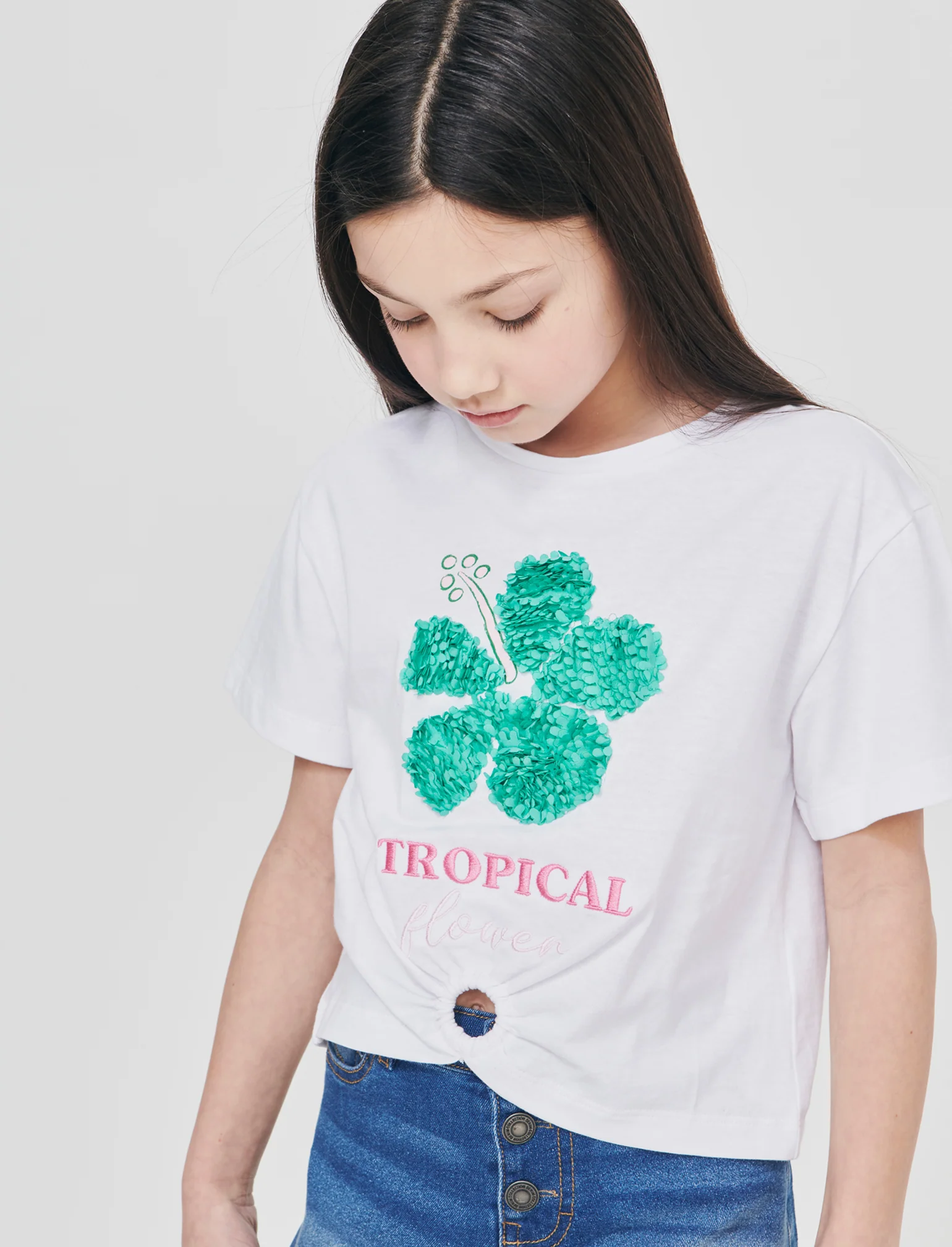 T-shirt mezza manica con petali decorativi - Bianco - Image 3