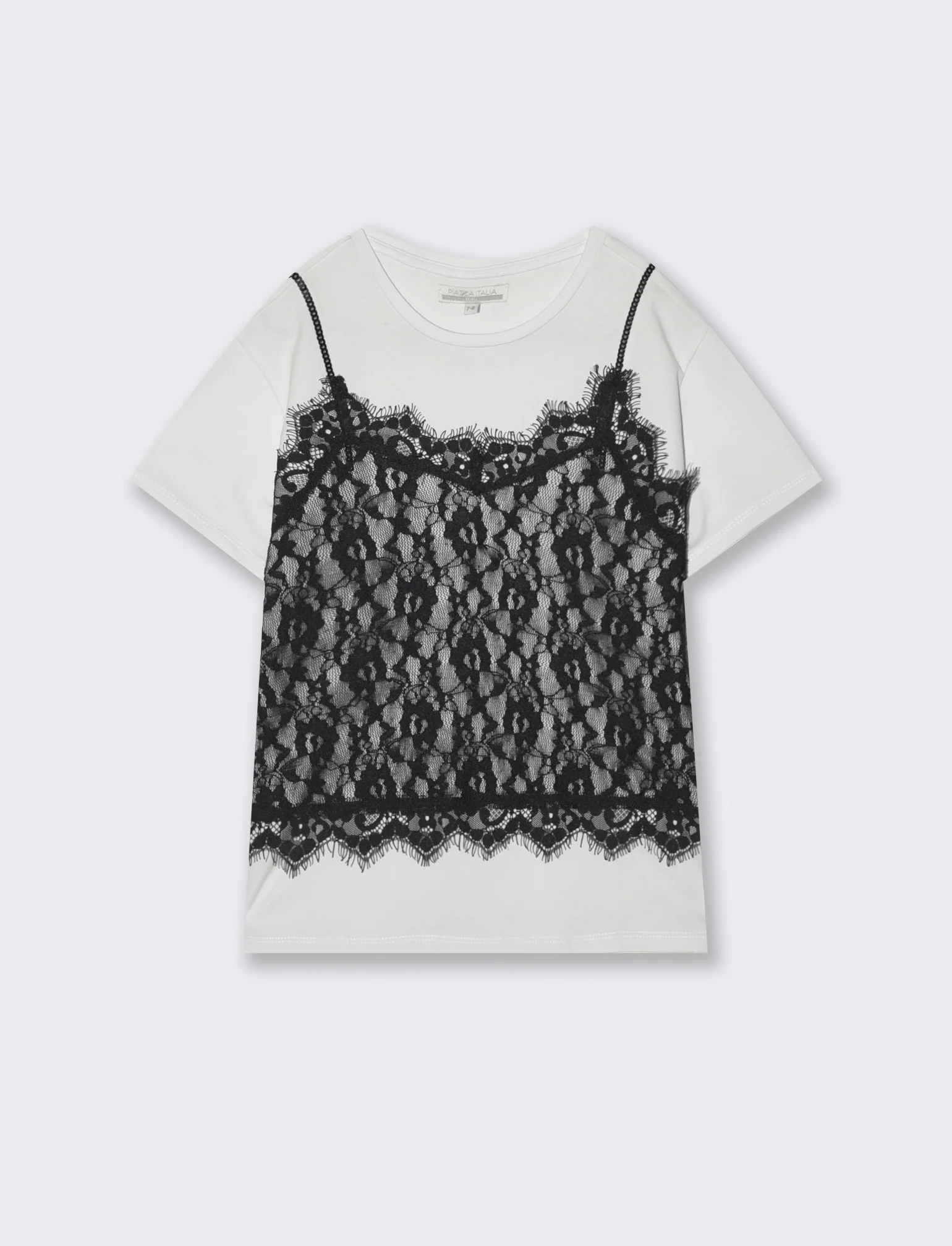 T-shirt mezza manica con pizzo e paillettes - Bianco
