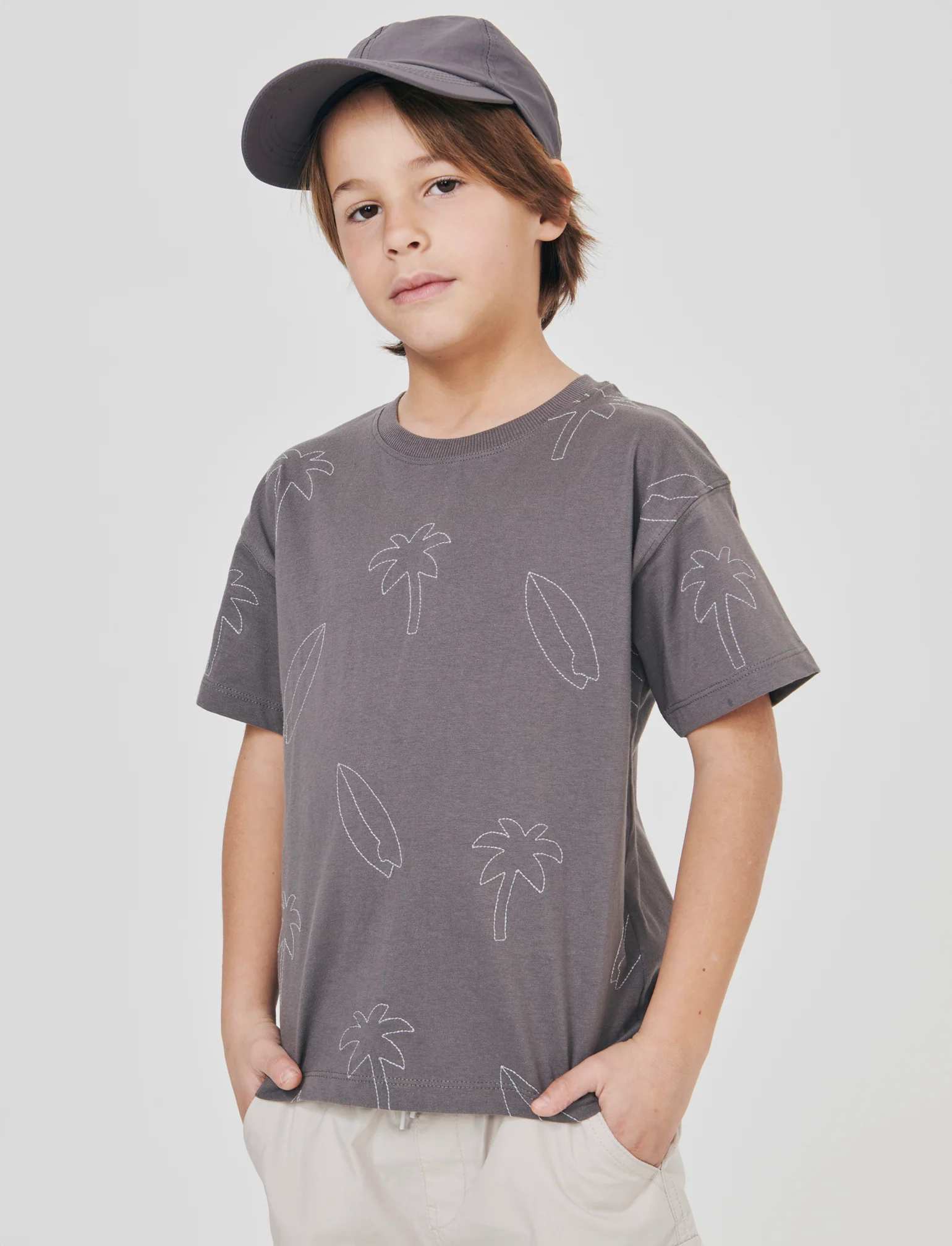 T-shirt mezza manica con ricami palme - Grigio - Image 3