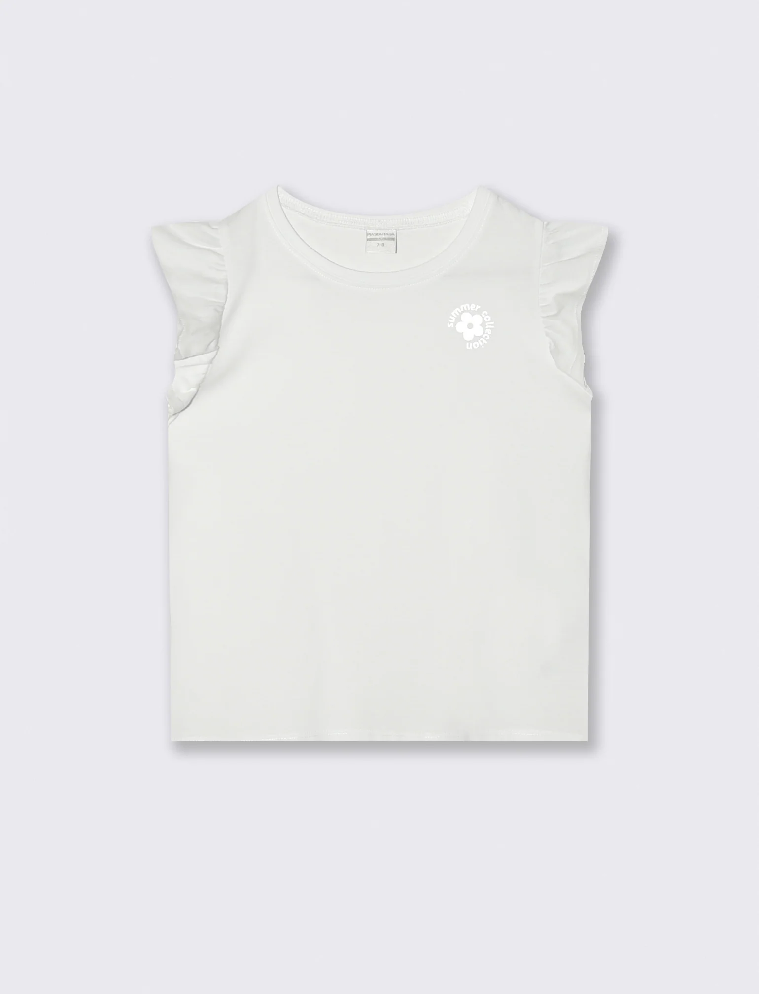 T-shirt mezza manica con volant e stampa lucida - Bianco - Image 2