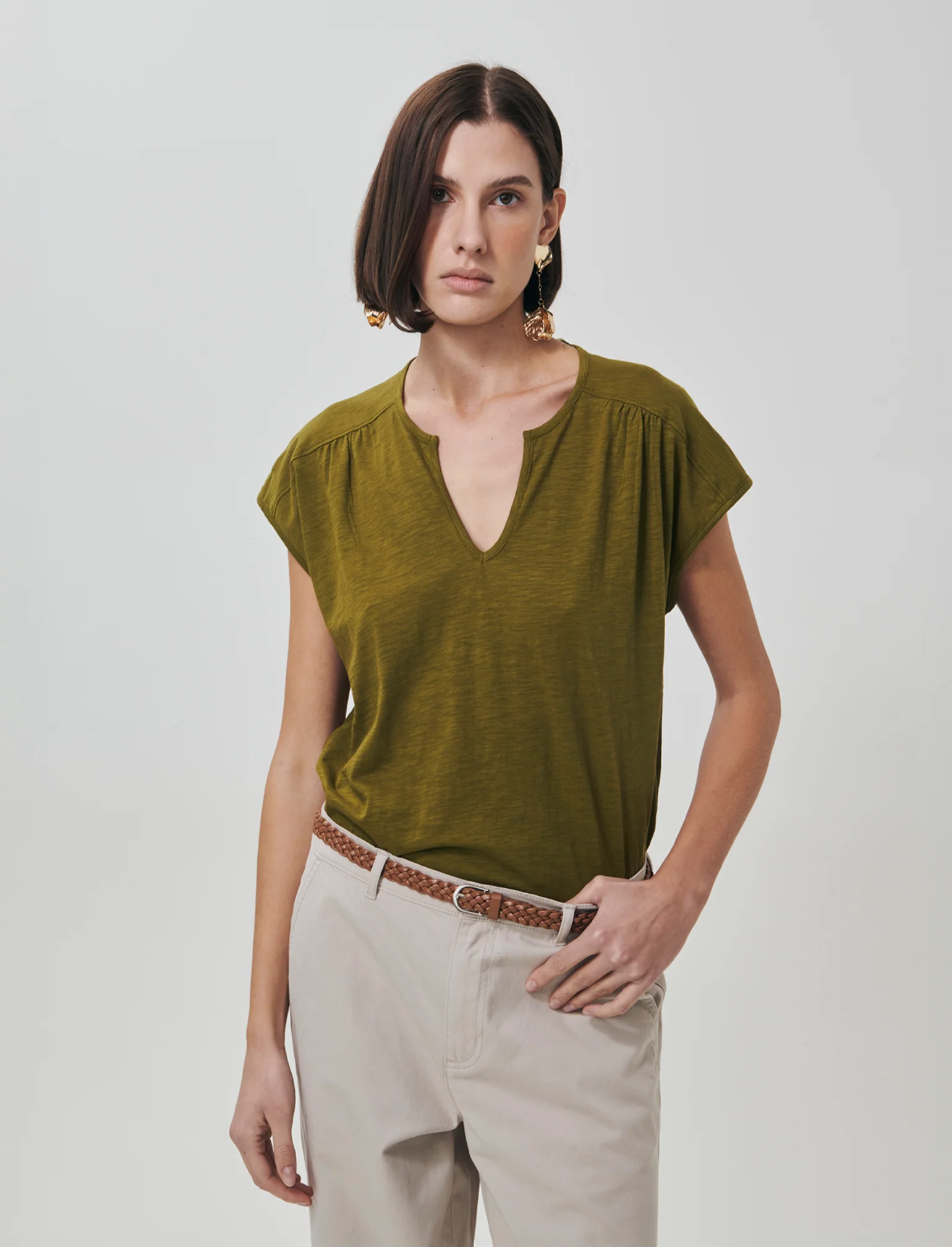 T-Shirt Mezza Manica Scollo Serafino - Verde abete