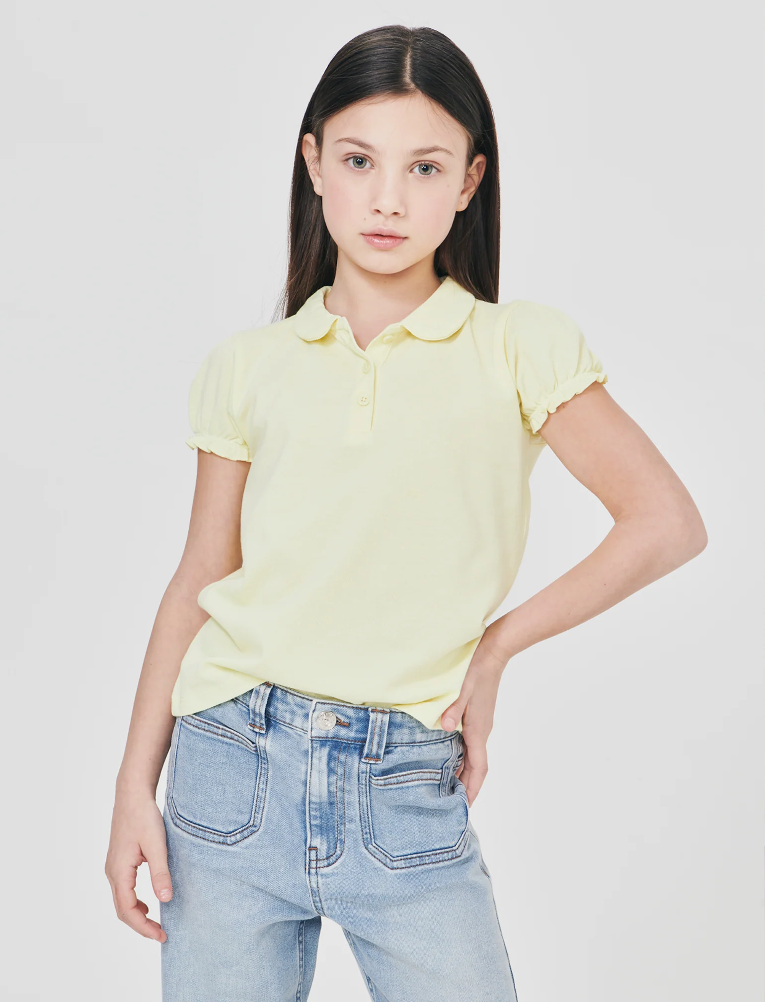 T-shirt polo cotone bambina con maniche arricciate - Giallo - Image 3